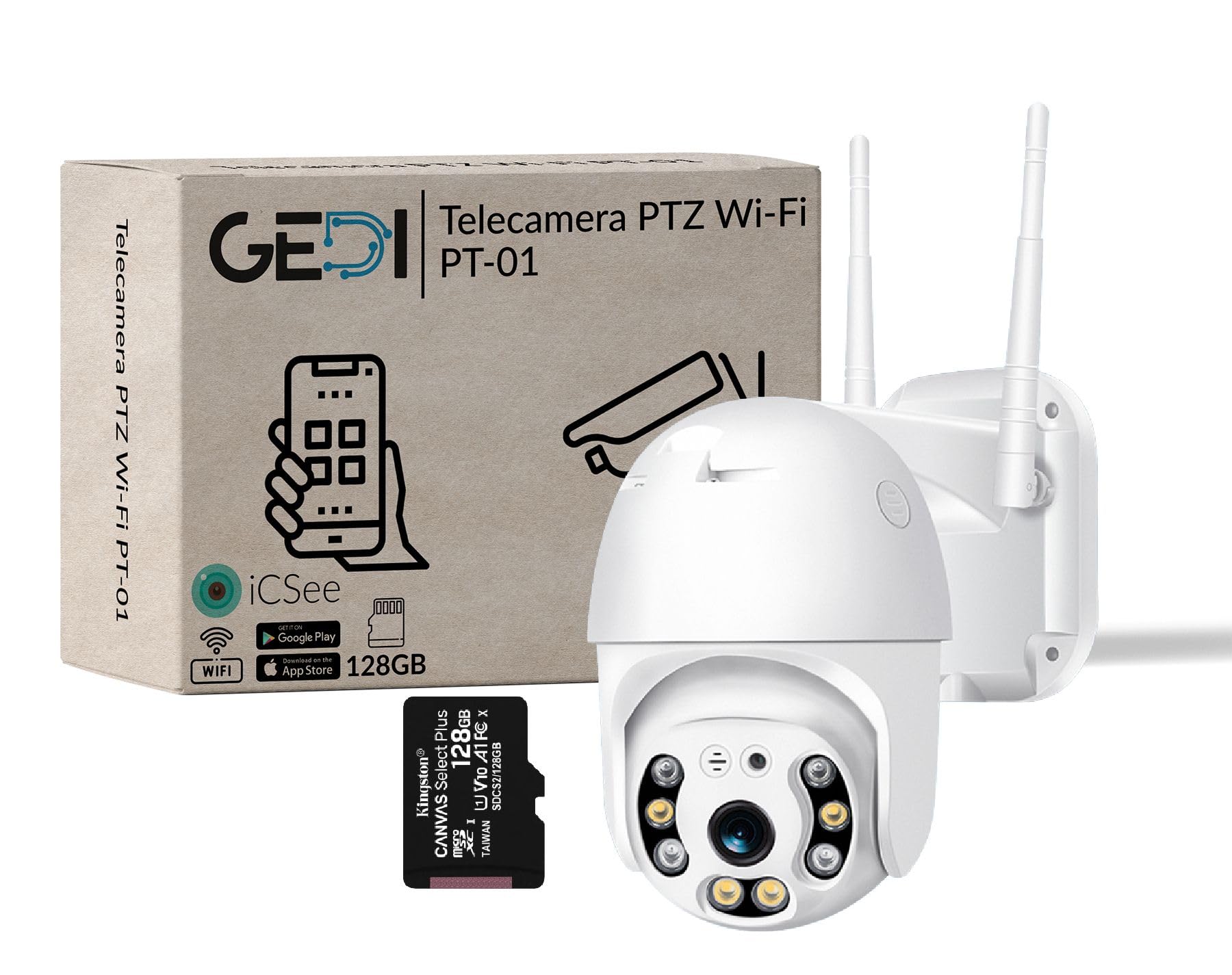GeDi - Telecamera Wi-Fi PTZ Dome 1080p 4 LED IR e 4 LED Array Per Videosorveglianza di Sicurezza Esterna Con APP ICSee Rilevamento Movimento Allarme PT-01 Con Slot Memoria SD (Con Memoria 128GB)