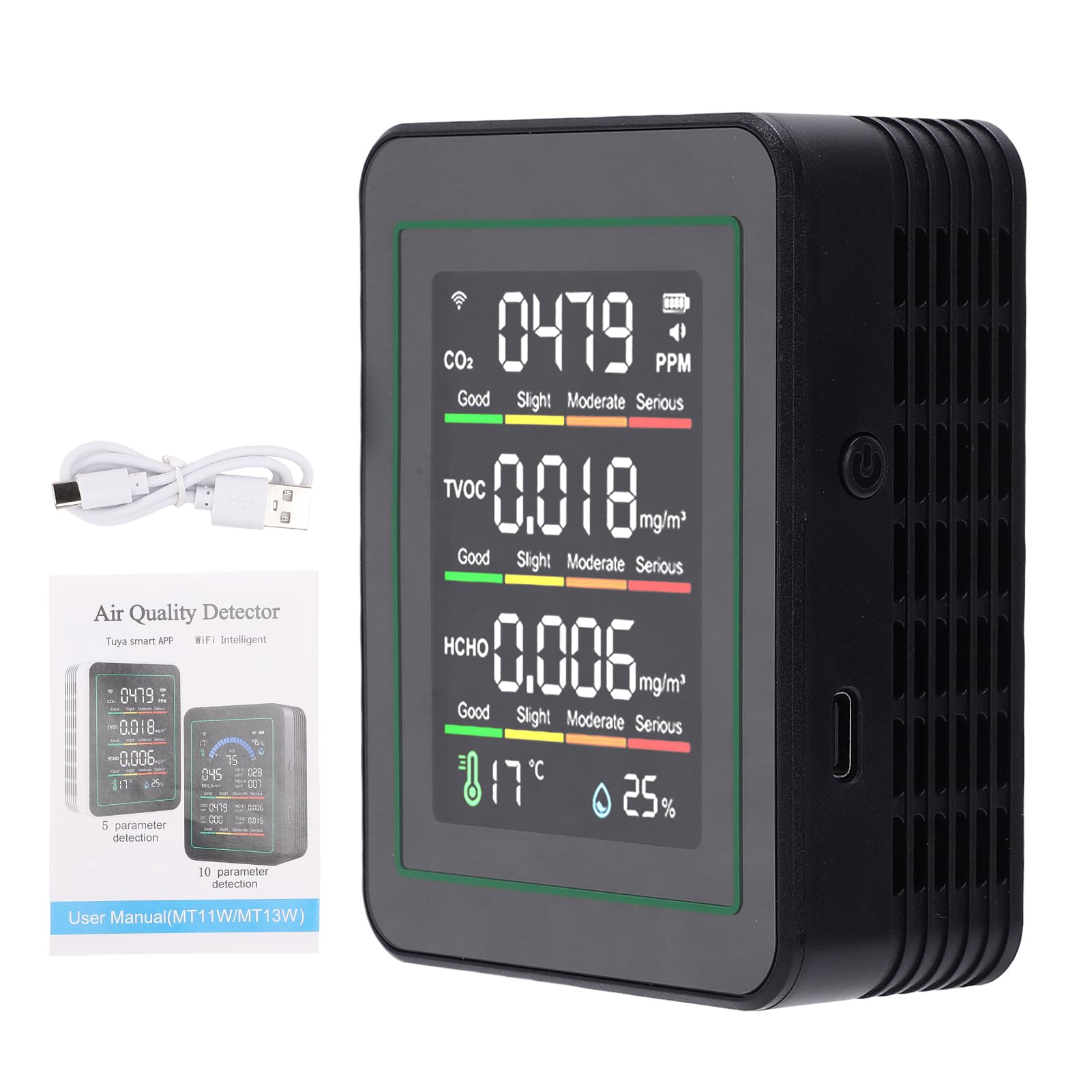 Kavolet Medidor de CO2 Interior WiFi para Monitor Inteligente de Calidad del Aire 5 en 1 con Pantalla LCD, Detector Sensor Infrarrojo para Gimnasio y Invernadero (MT11NW Negro, Sensor infrarrojo WiFi)