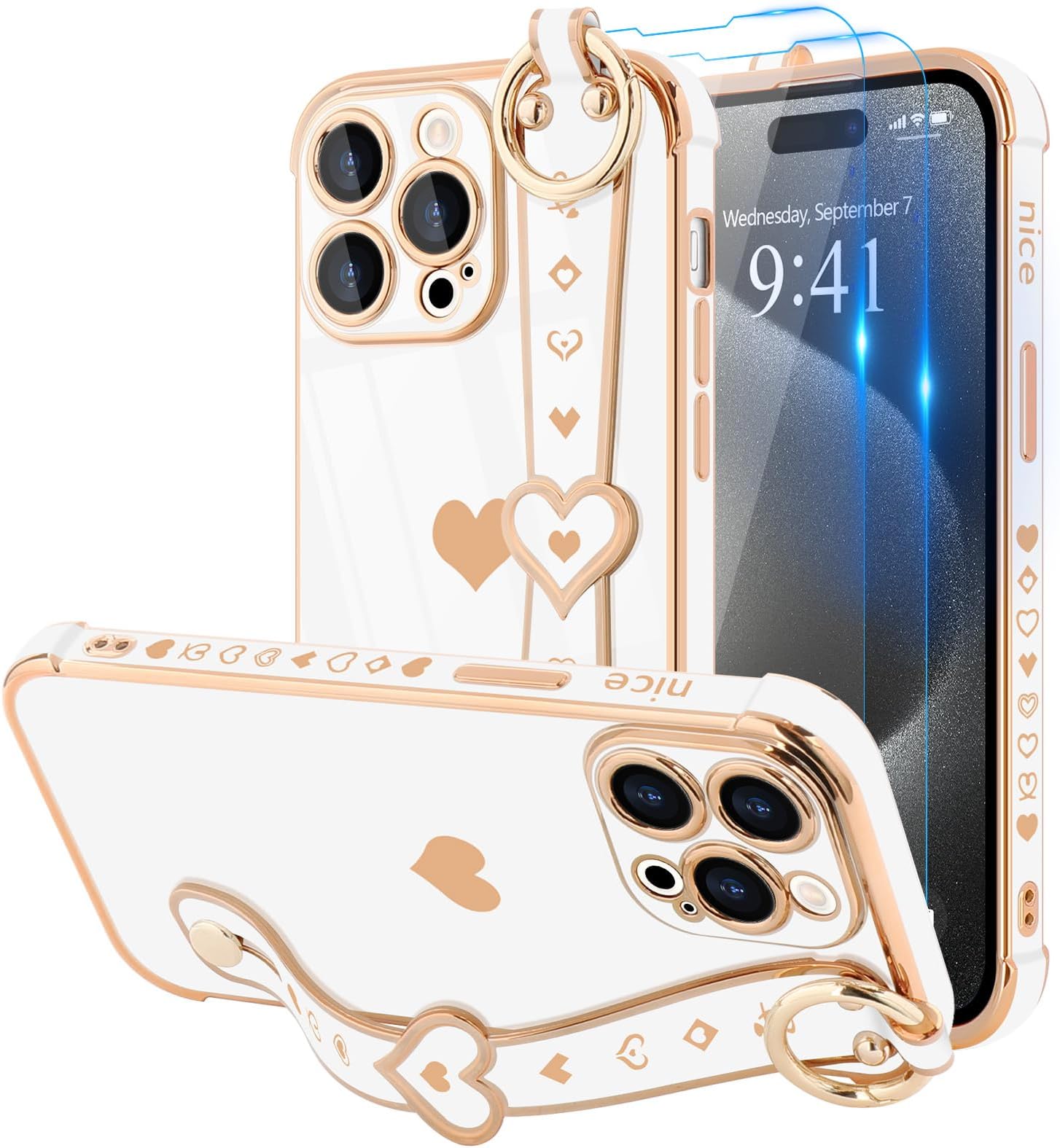 for iPhone 15 Pro Max Case with Strap for Women Girls [2× Screen Protectors], Cute Love-Hearts Design, Wristband Kickstand Protective Phone Case for iPhone 15 Pro Max (6.7'') - White