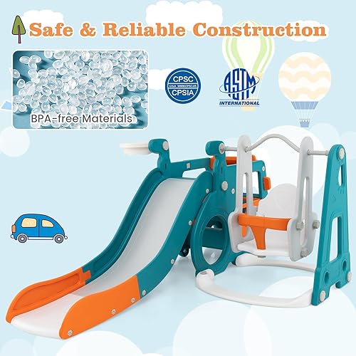 Miniatura 8 de HONEY JOY Juego de tobogán y columpio 6 en 1 para niños pequeños, para interiores y exteriores, juego de gimnasio con columpio para bebé, aro de