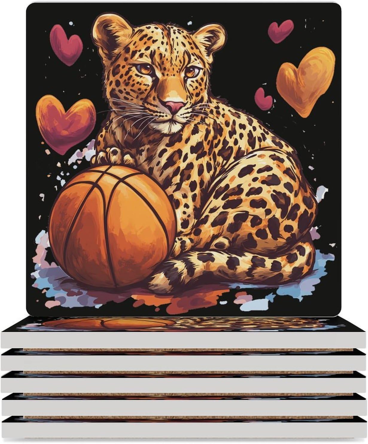 Funny Leopard Basketball Ceramic Coasters Set Square Drink Coasters Table Coaster for Kitchen Desktop Decor