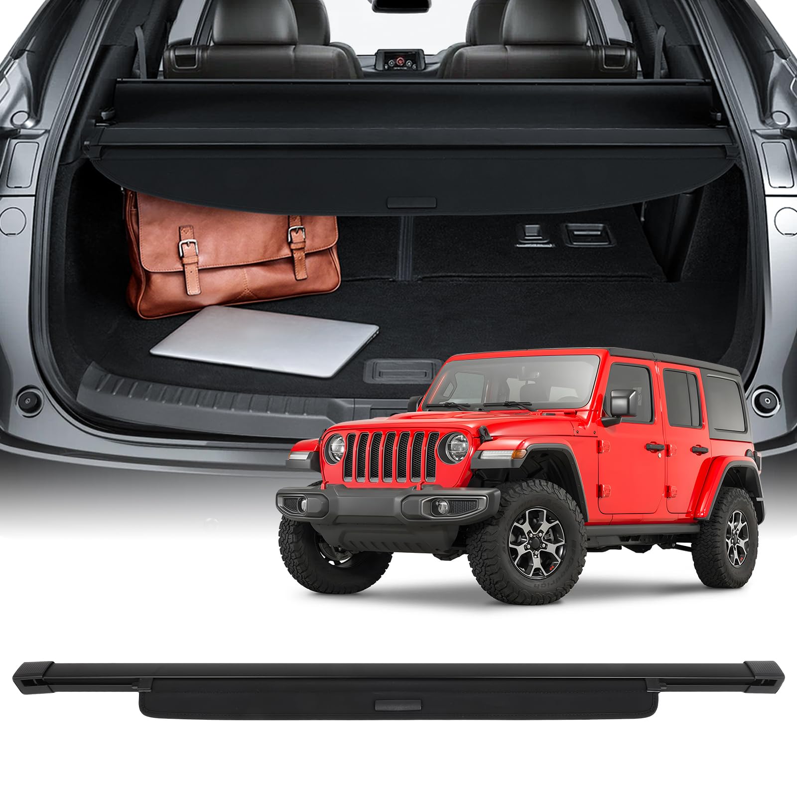 SCITOO Cubierta de carga 2019-2020 para Jeep Wrangler 2018-2023, apta para Jeep Wrangler 2.0L 2020-2023, compatible con Jeep Wrangler, cubierta trasera retráctil mejorada con aluminio PVC y plástico