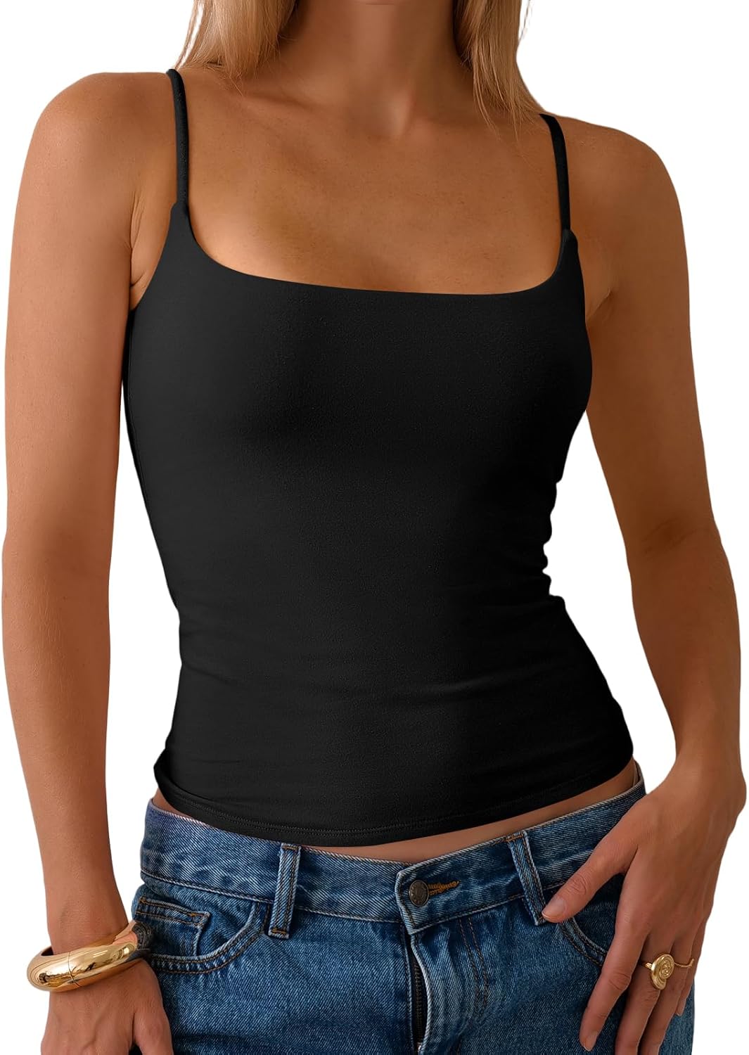 PrettyGuide Women Cotton Cami Tops Built-in Shelf Bra Unpadded Square Neck Crop Tank Top Fitted Basic Camisole Going Out Tees - Image 2