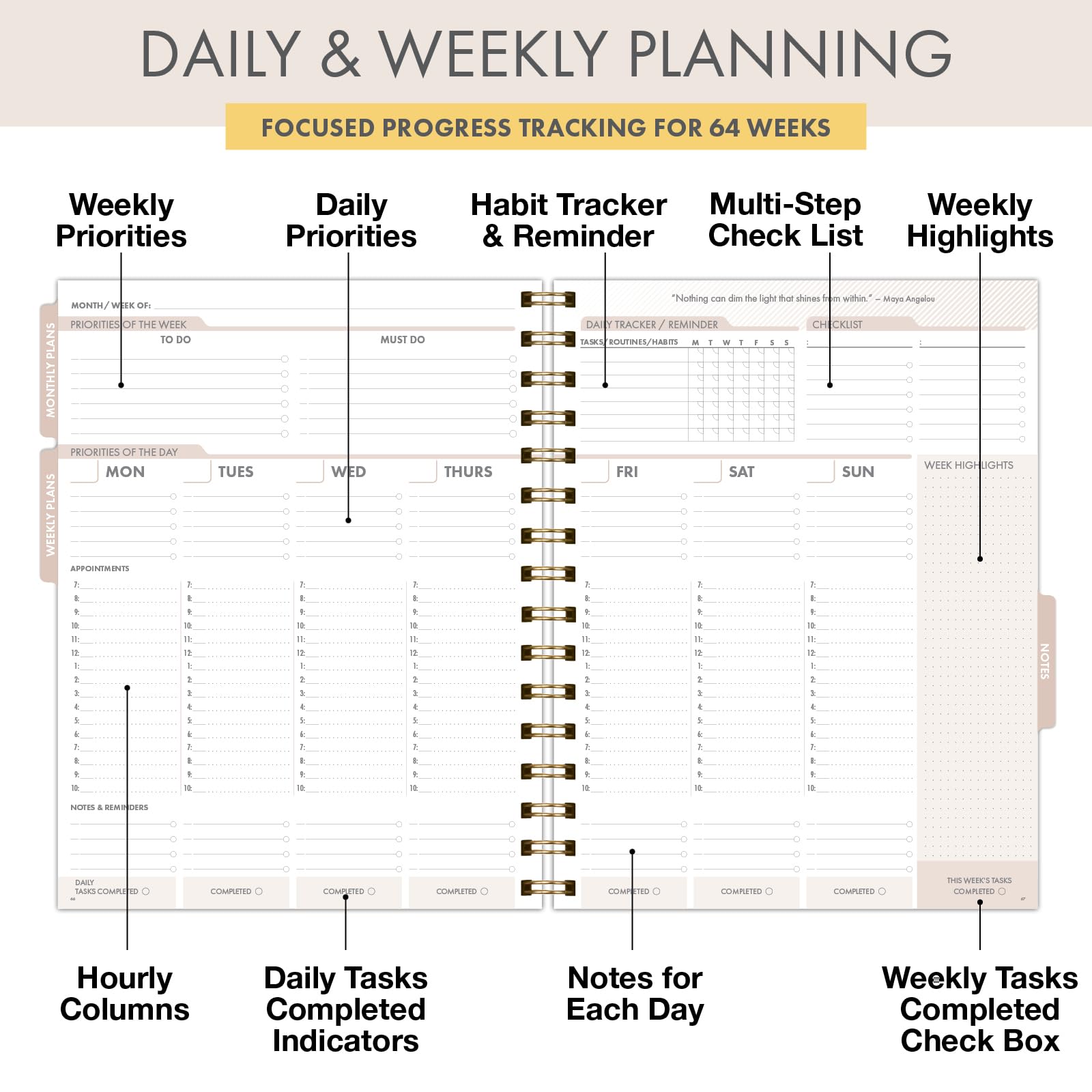 ESSENTIAL PRO - Agenda diaria, semanal y mensual sin fecha, pestañas mensuales, seguimiento diario, páginas de notas, bolsillo de almacenamiento, marcapáginas con notas adhesivas (temporada de árbol)