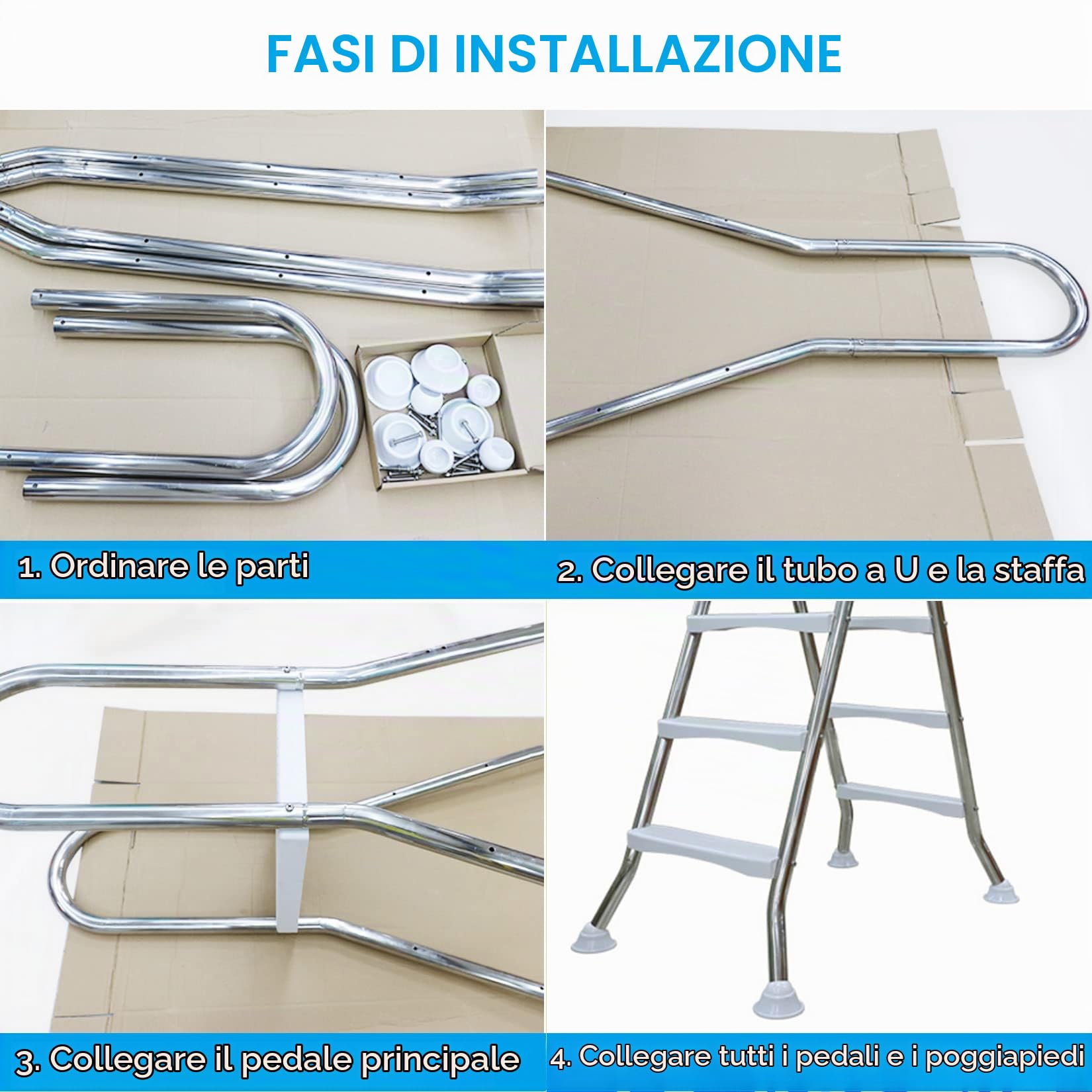 BOTOWI 135cm Scala per Piscina Fuori Terra Carico 250kg, Scala per Piscina a Due Lati per Piscina Fuori Terra, Scala per Piscina 4 Gradini Acciaio Inox Spesso 304, Gradino per Piscina Antiscivolo
