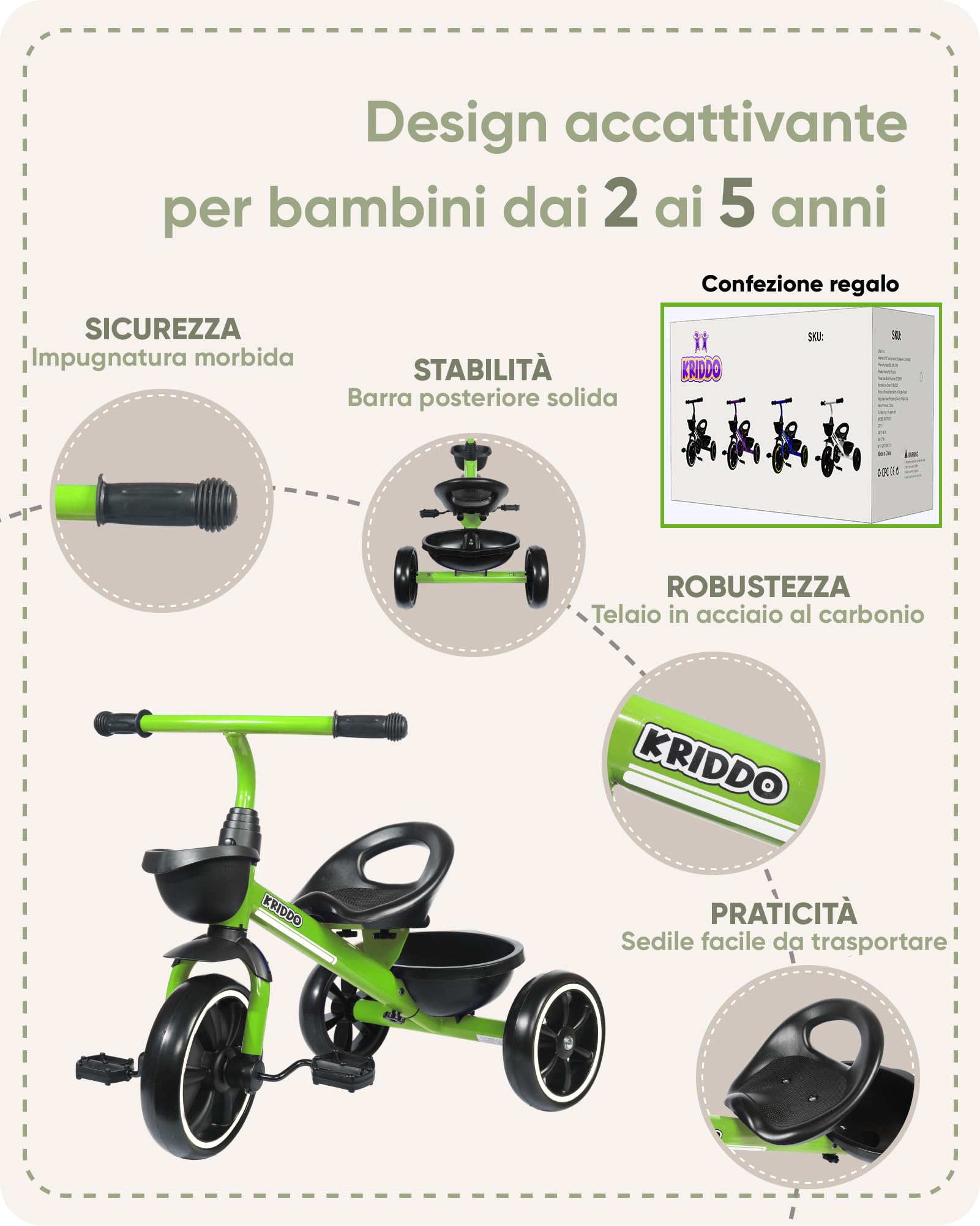 KRIDDO Triciclo per Bambini dai 24 mesi ai 5 anni, Tricicli per bambini da 2,5 a 5 anni, Triciclo Evolutivo da 2 a 4 anni, con Cestello Portaoggetti, Ideale da regalare, Verde