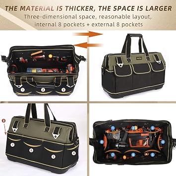 FASTECH 15-inch Wide Mouth Tool Bag with Water Proof Molded Base,Wide Mouth Tool Tote Bag,Waterproof Tool Organizer Bag for Men with Adjustable Shoulder Strap (15 inch)