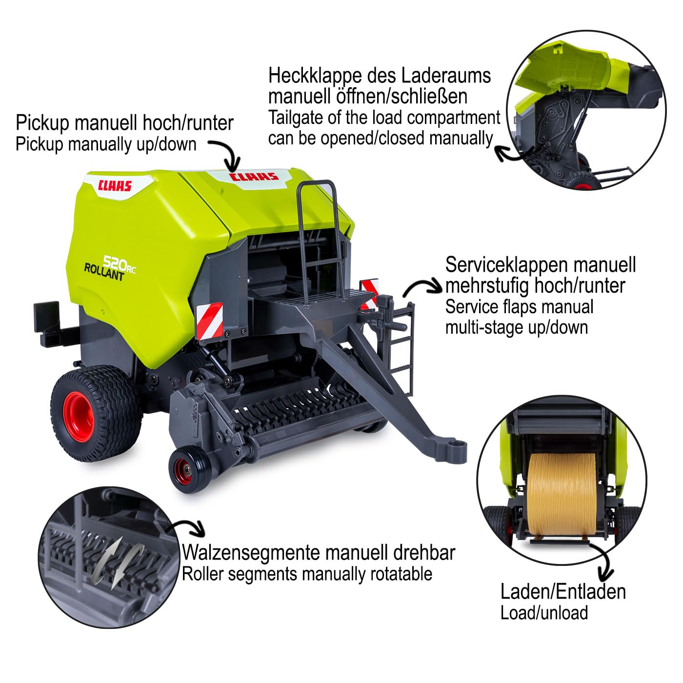 JAMARA 405237 Claas Rollant 520 Rotopressa per trattore RC 1:16 - Accessori agricoli, idea regalo per bambini, carico e scarico, segmenti rotanti manualmente
