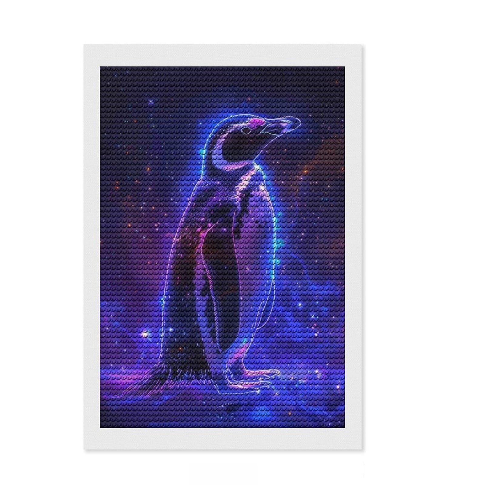 Junmoney Penguin Animal Space DIY Diamond Art Canvas Kit 8"x12", for Teens, Creative Leisure Activity, Boho Decor, Festive Craft Gift