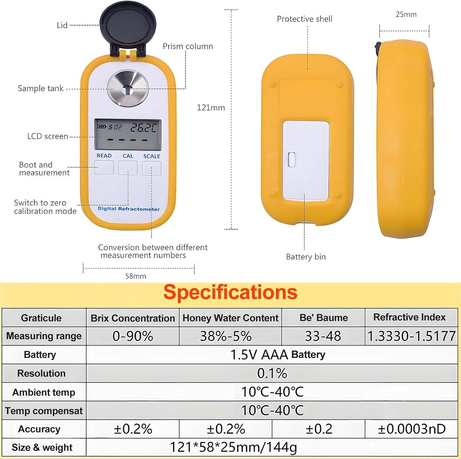 Digital Refractometer, Resolution 0.1% (Concentration), Portable Multi-Parameter Meter for Honey (Brix, Baume, Moisture), Milk Protein, Salinity in Saltwater Aquarium