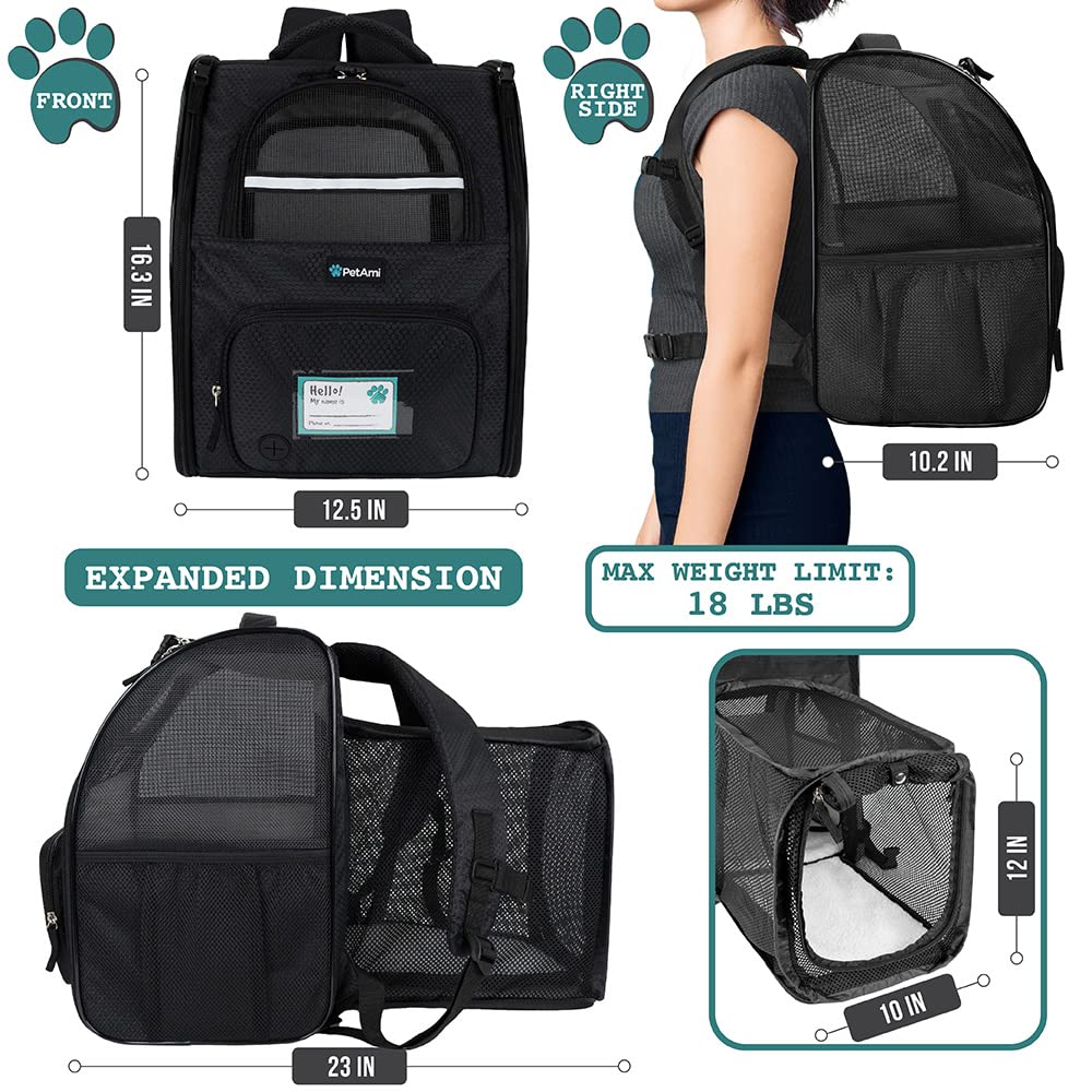 PetAmi Dog Cat Backpack Carrier, Expandable Pet Carrier Backpack for Travel Hiking, Small Medium Dog Puppy Large Cat Carrying Backpack, Airline Approved Ventilated Soft Back Support, 18 lbs, Black