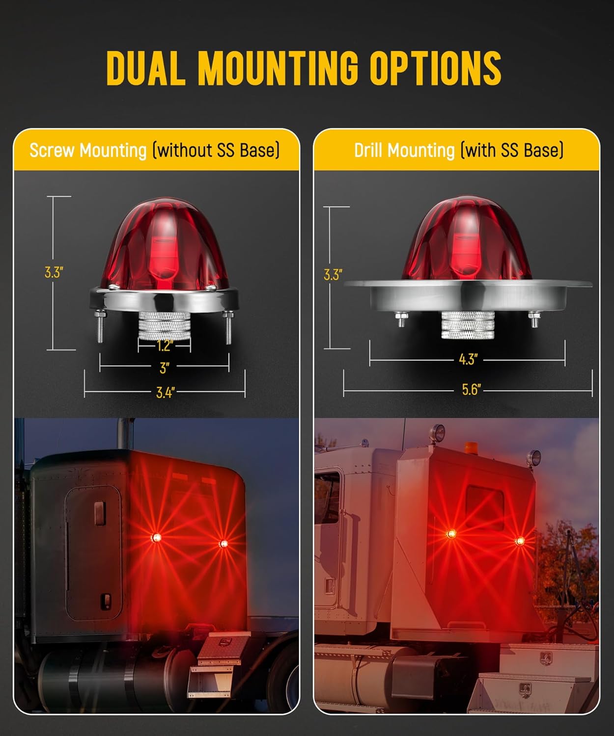 Partsam 2Pcs Red Glass Lens Watermelon Lights Kit LED Stop Turn Tail Lights with Stainless Steel Bezel and Base Replacement for Peterbilt Freightliner Trucks Trailers RVs Motohomes