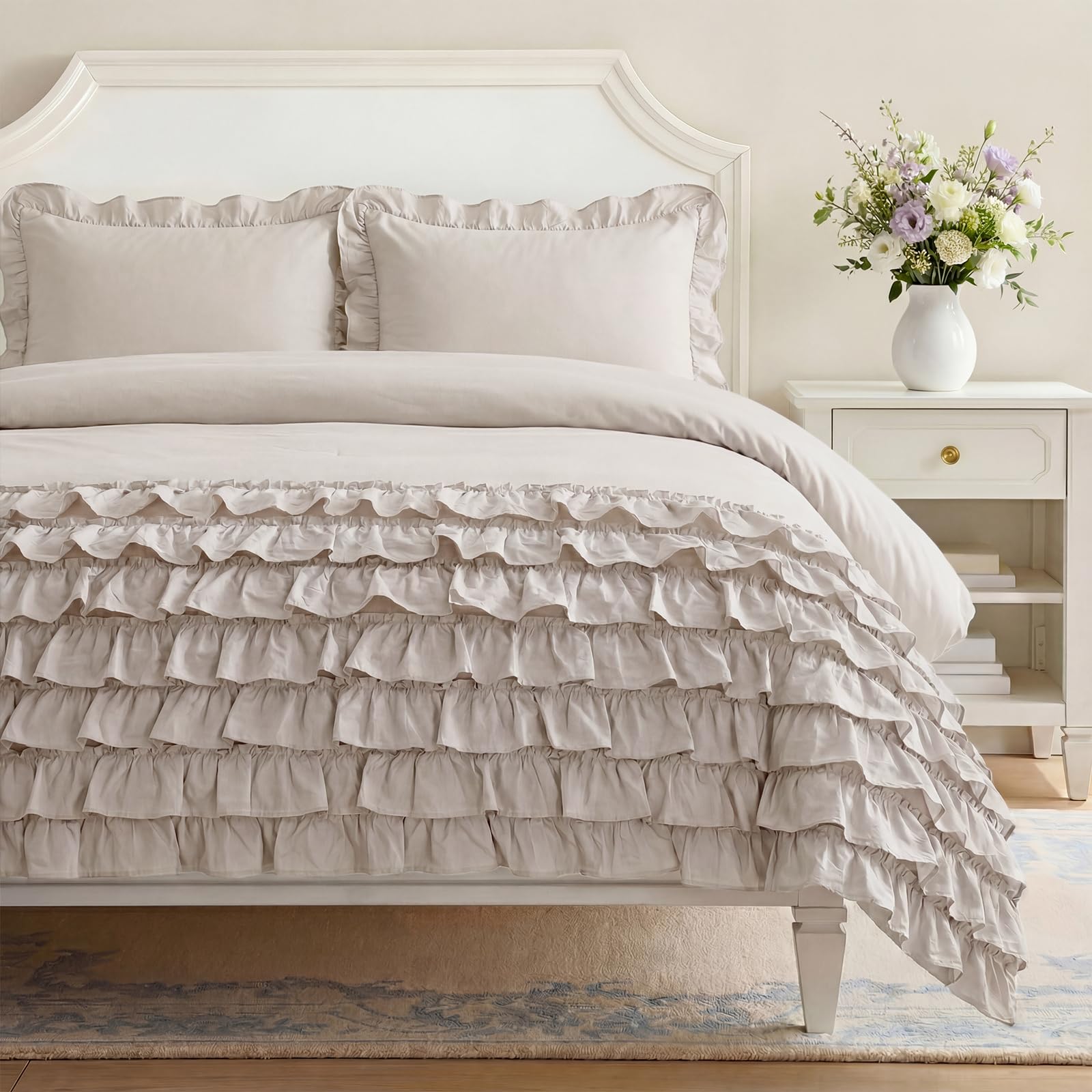 Photo 1 of Bedorm 100% Cotton Duvet Cover Set King Beige Ruffle Bedding Set Multi-Layers Ruffled Design Shabby Chic Duvet Cover 3Pcs Soft Breathable Cotton Bed Set