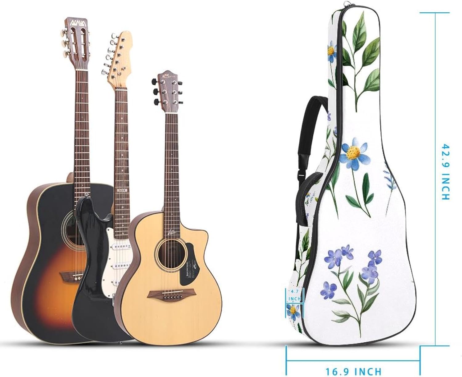 Acoustic Guitar Gig Bag 10mm Thick Padding, Soft Waterproof Guitar Case with Adjustable Backpack Straps for 40-42 Inch Guitar, Set of Watercolor Floral and Leaf Collection
