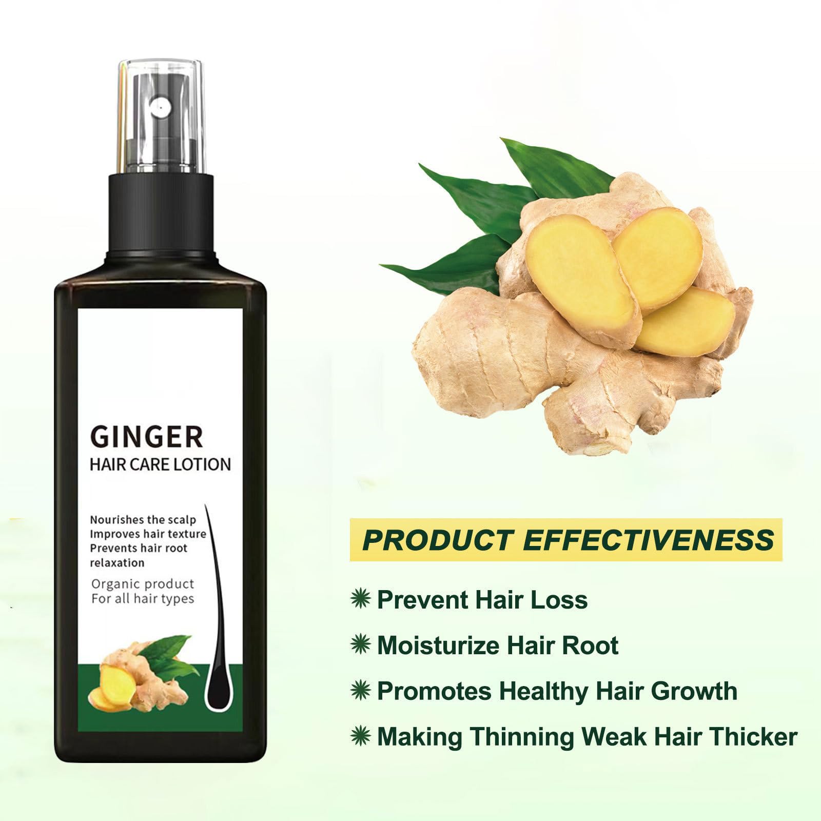 Spray Nourrissant Au Gingembre 120ml, Sérum De Croissance Des Cheveux Au Gingembre, Volume & Brillance, Pour Cheveux Fins Et Secs, Réparateur Nettoyant En Profondeur