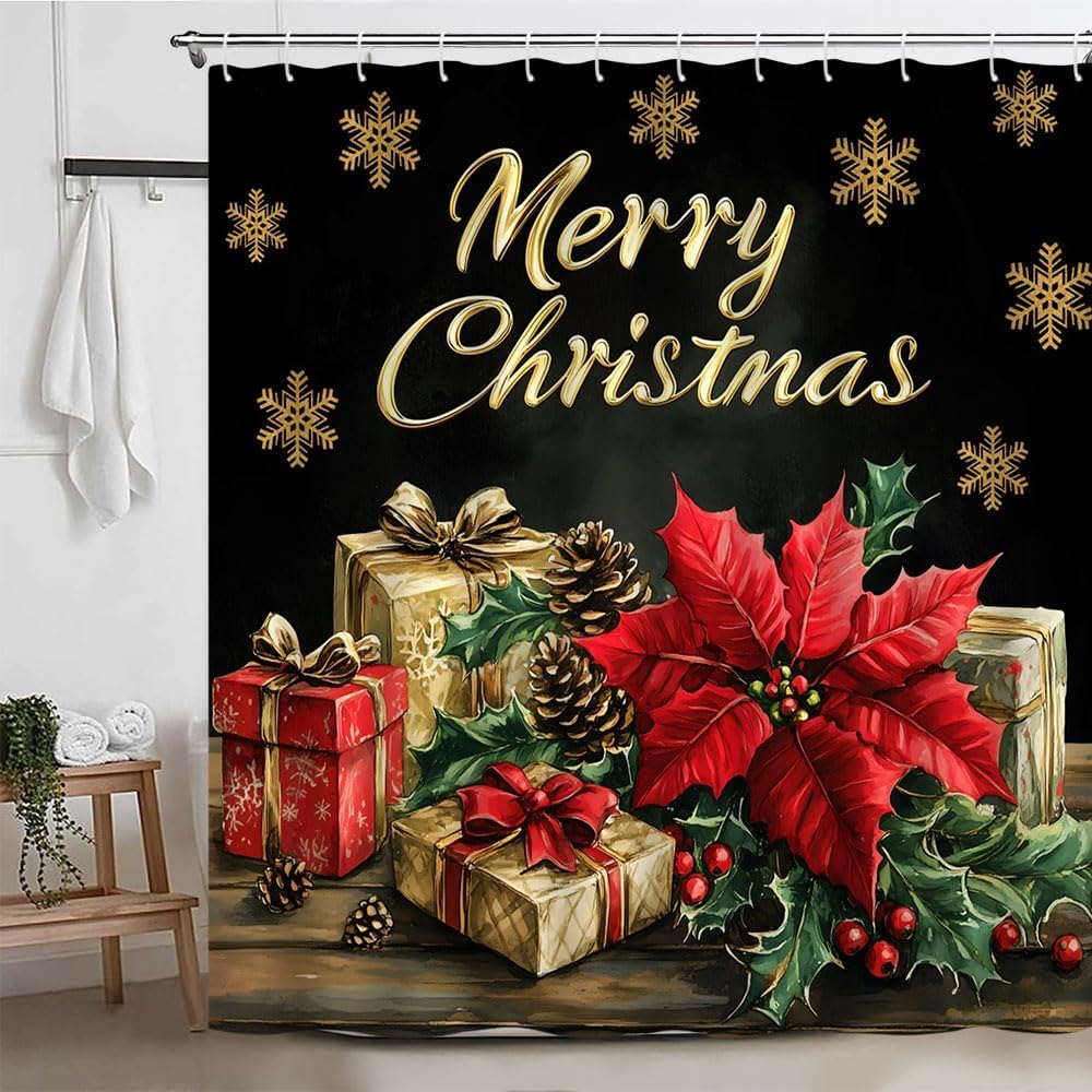 Merry Christmas Shower Curtain Poinsettia Flower Berry Snowflake Winter Holiday Vintage Xmas Polyester Curtains Bathroom Decor with Hooks 78" Wx70 H