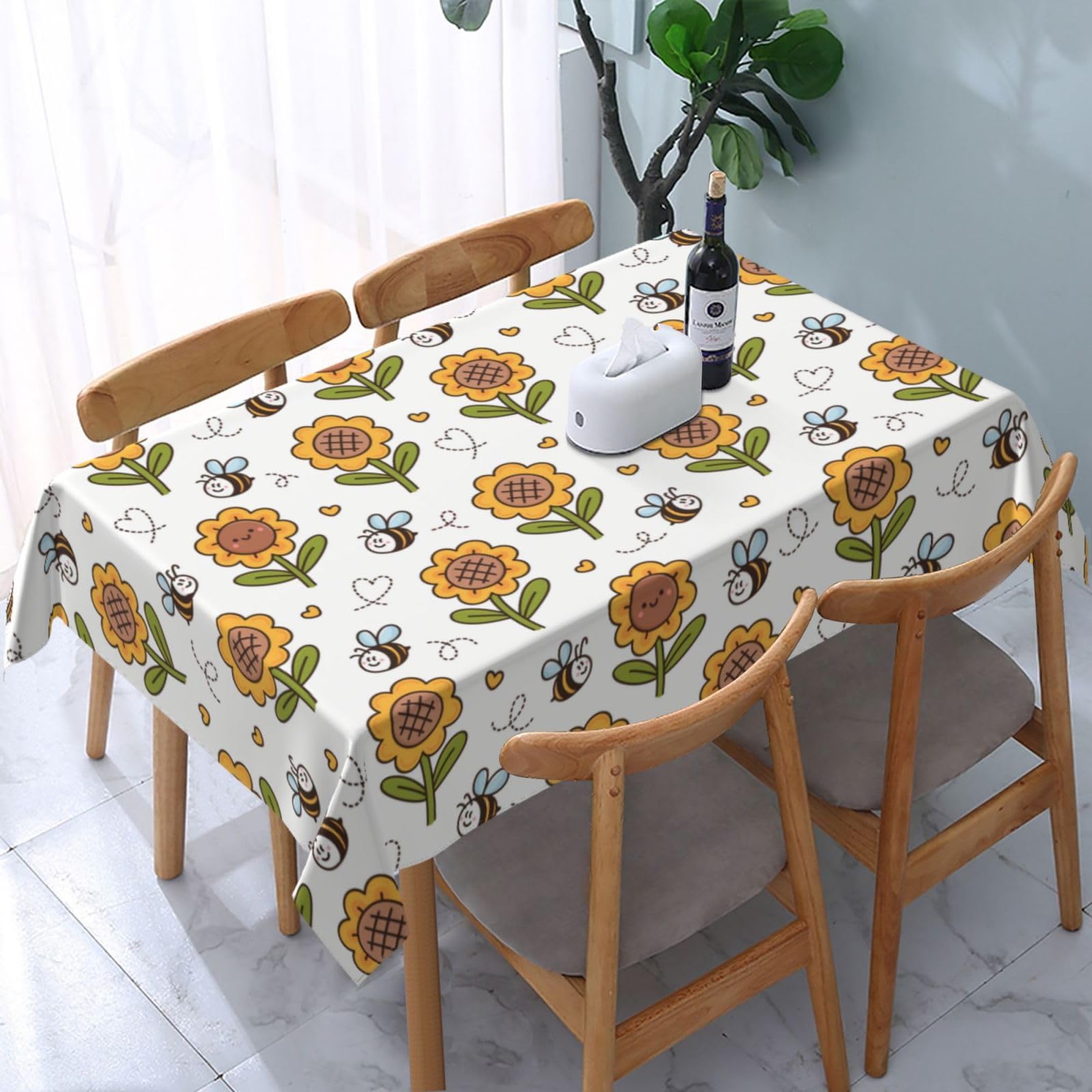 JunHeArt Cute Bee And Sunflower Pattern Tablecloth Rectangle Table Cover Washable Table Cloths Decor For Kitchen 54" X 72"