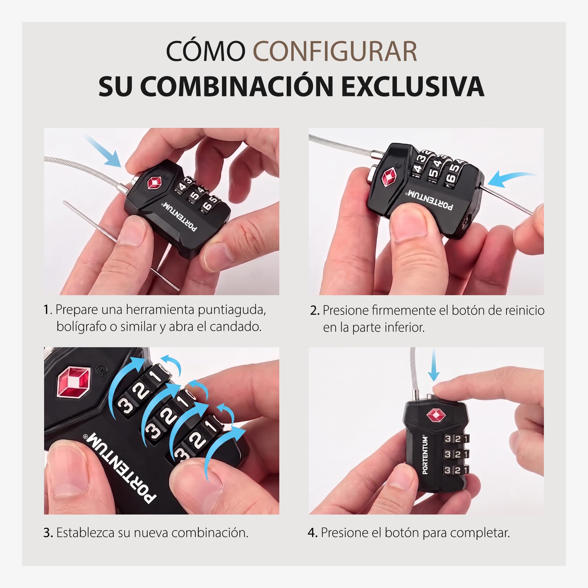 PORTENTUM Candado TSA homologado con combinación de 3 dígitos – Pack de 20 – Candado maleta viaje con cable flexible y llavero identificador – Candado equipaje para mochilas maletas bolsas y taquillas