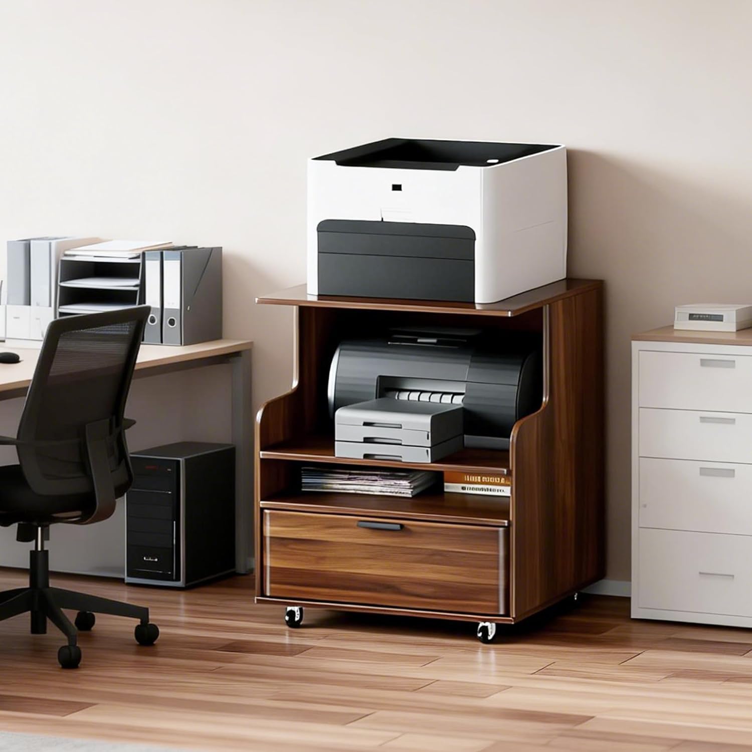 Rolling Printer Stand with Drawer and 3-Tier Storage Shelves, Mobile Wood 3D Printer Cart Under Desk with Wheels, for Home Office Small Spaces Organization, Walnut