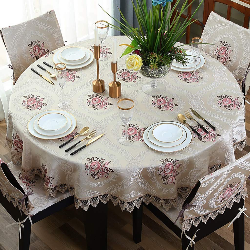 Nappe de diamètre rond beige pour protéger et décorer les tables rondes de 6 personnes