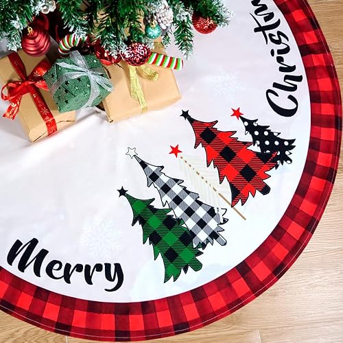Miniatura 8 de Falda de árbol de Navidad, 48 pulgadas, falda de árbol a cuadros rojos y verdes con diseño de copo de nieve y reno, falda grande de árbol de Navidad