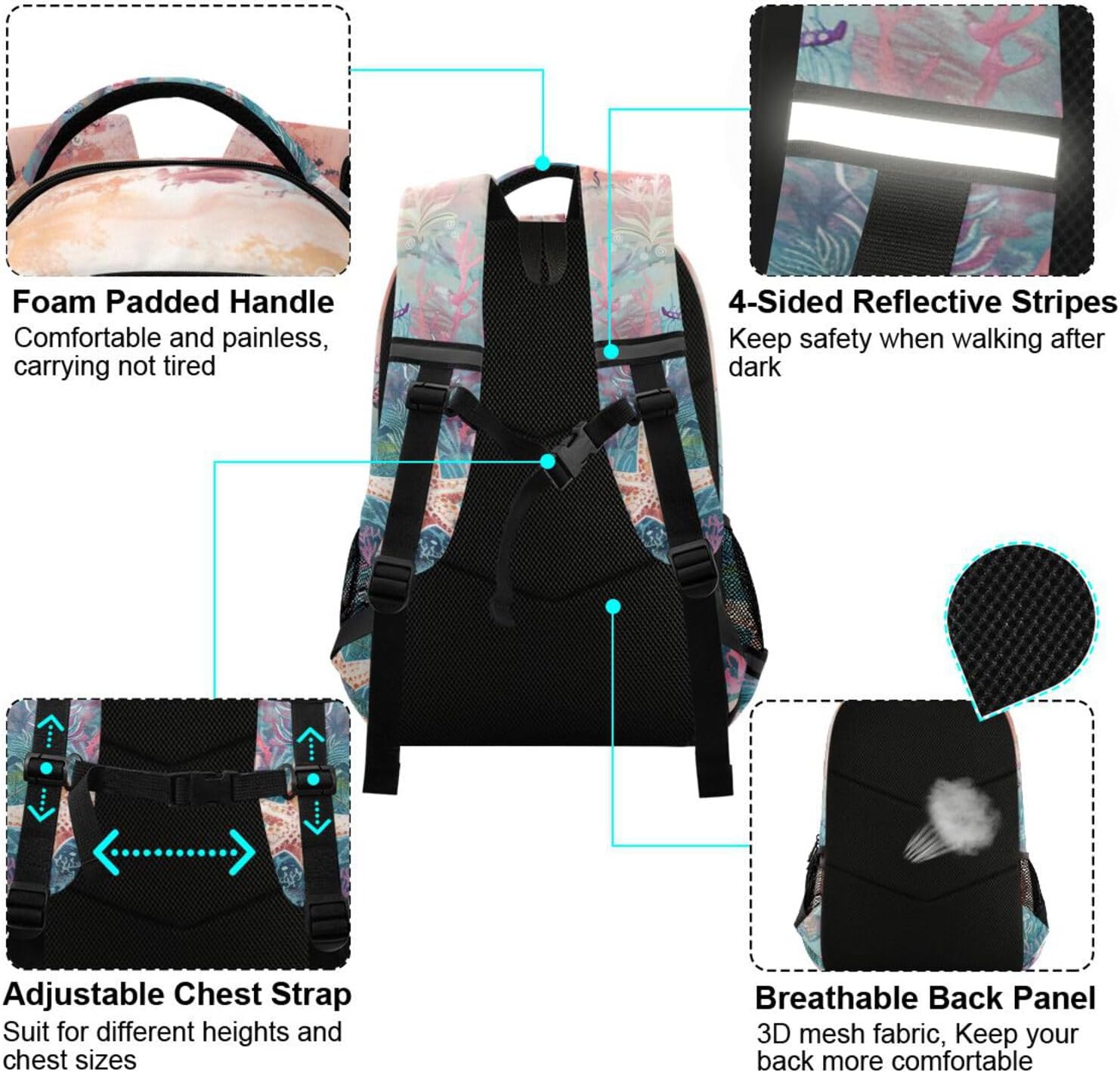 Backpack for Students Boys Girls Seahorses Turtle Watercolor School Bag Travel Daypack Rucksack - Image 6