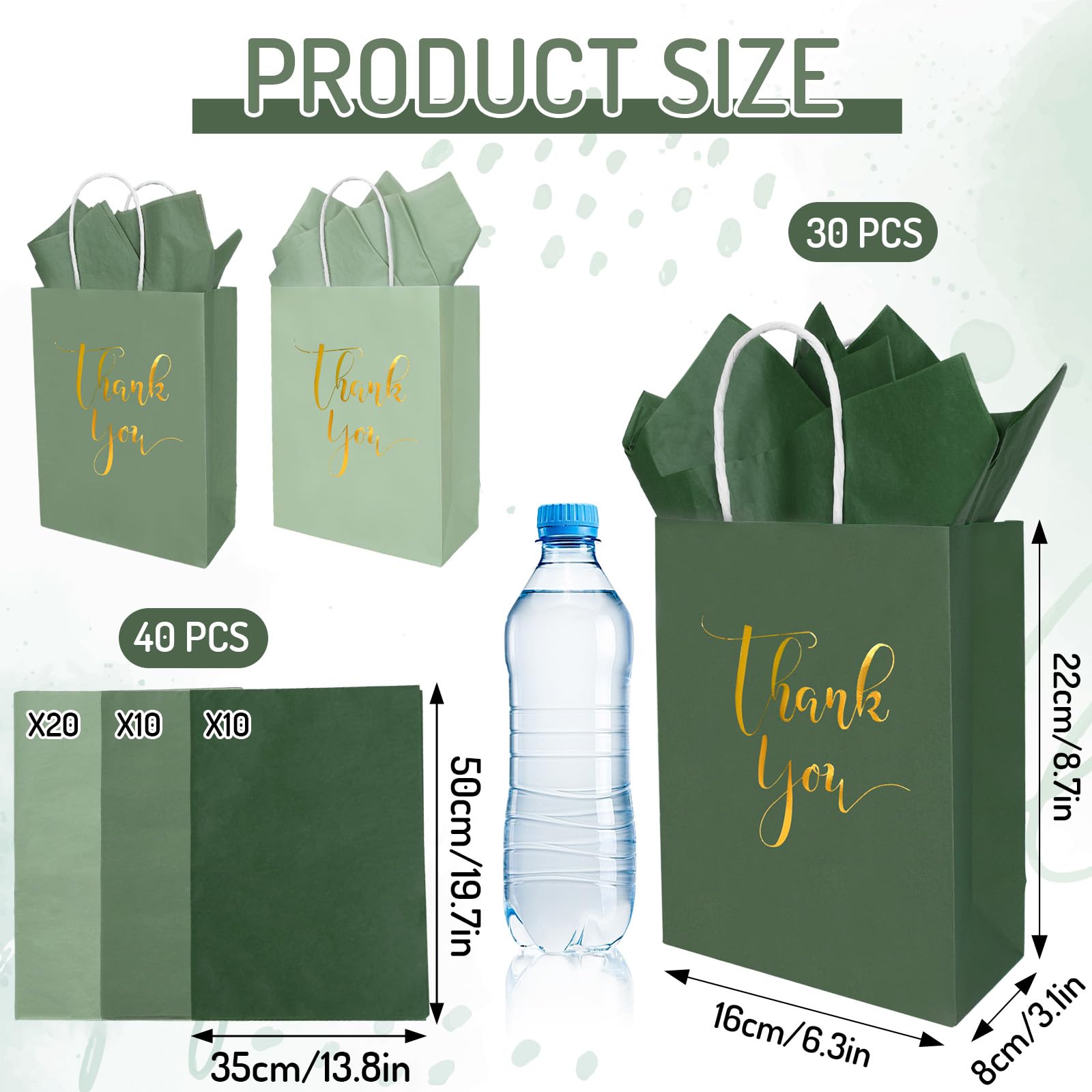Whaline 30Pcs Sage Green Thank You Paper Gift Bags 6.3 x 3.1 x 8.7 inch 3 Colors Gold Foil Thank You Party Favor Bag with Handle 40 Sheet Tissue Paper for Wedding Birthday One Lucky Duck Gift Wrapping
