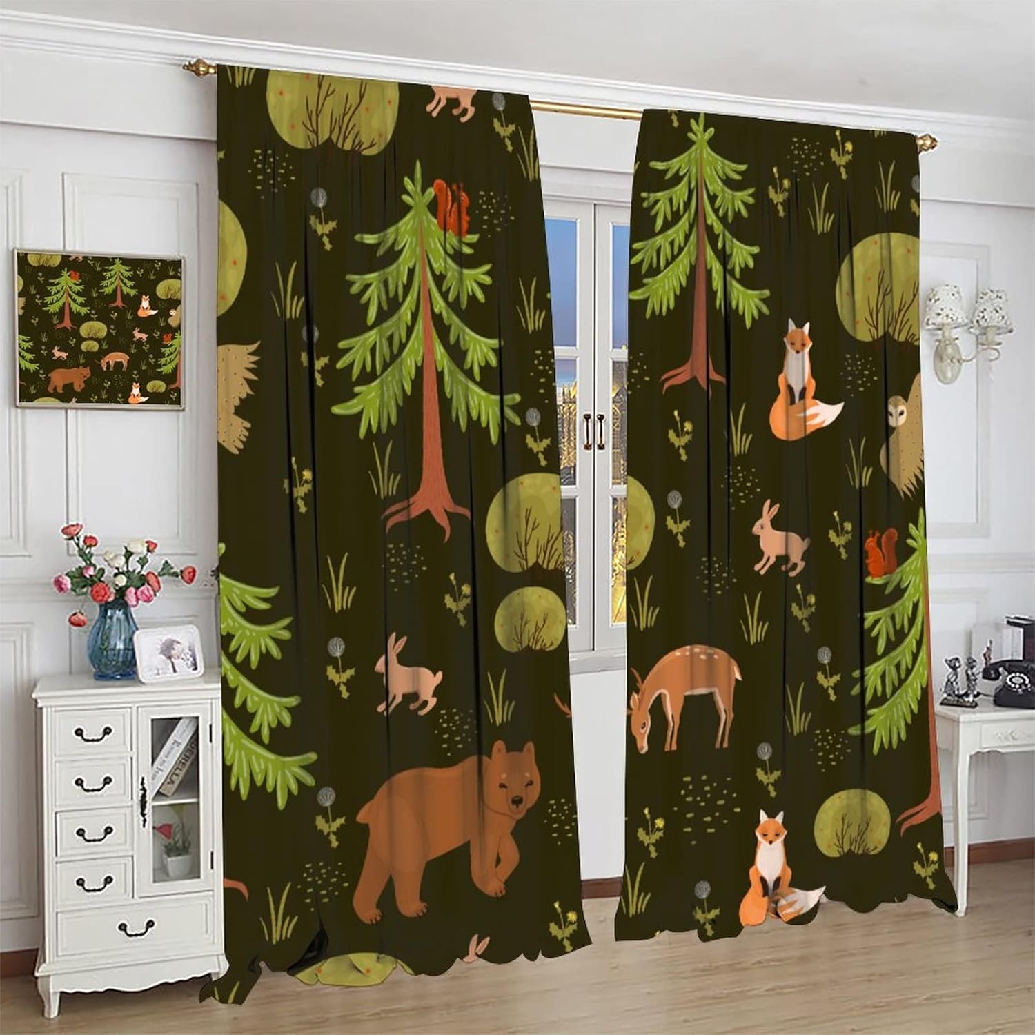 Kids Animal Curtains,Cartoon Forest Woodland Cute Jungle Bear Rabbit Deer Fox Print Window Treatments for Boys Girls Bedroom Living Room Nursery Study 2 Panels Total Size 42 x 45 Inch