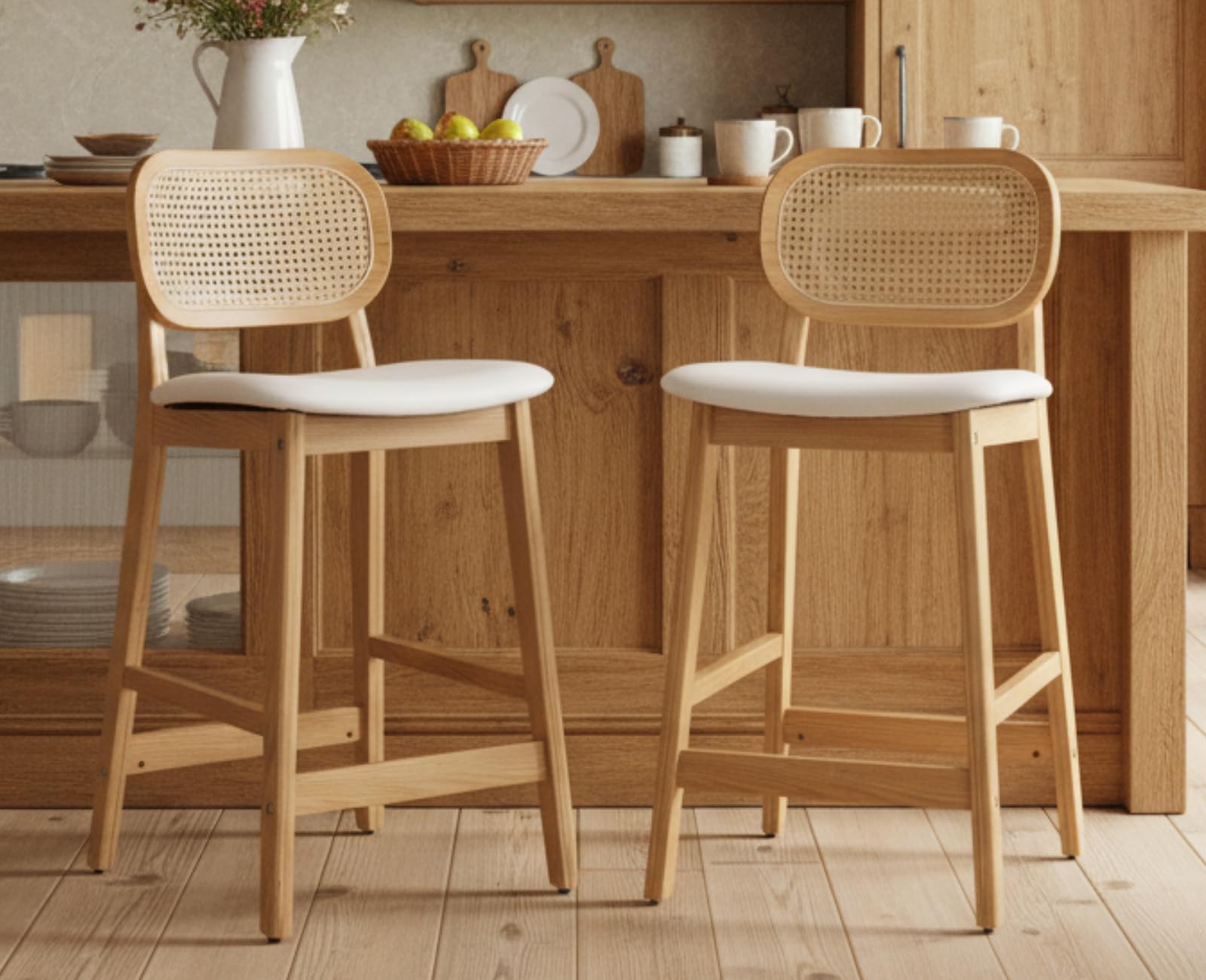 Shunzhi Rattan Counter Height Bar Stools - Set of 2 Wood Farmhouse Barstools with Cane Back Faux Leather Kitchen Island Chairs Boho Upholstered Pub/