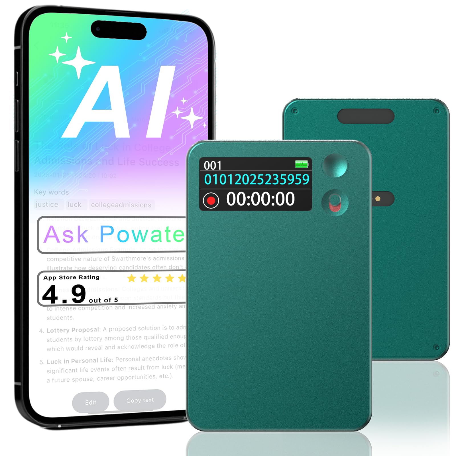 Dyktafon AI z transkrypcją ChatGPT, pamięć 64 GB, obsługa języków 112, czas nagrywania 30 godzin, sterowanie aplikacją mobilną do wykładów, spotkań, rozmów
