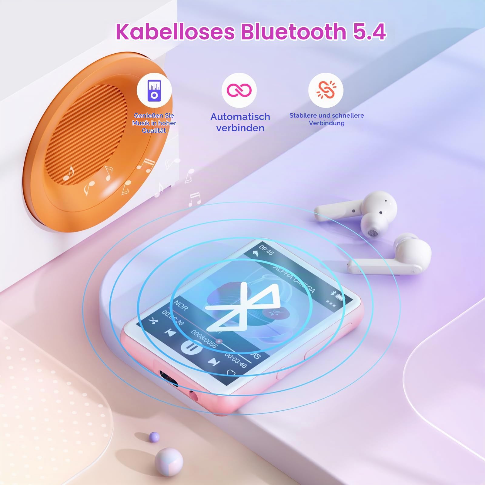 128GB MP3-Player Bluetooth 5.4, Oilsky 2,4 Zoll Full Touchscreen MP3, Tragbarer Musik Player mit Lautsprecher und FM Radio, Kinder MP3 Player, Sports Mp3 Player (Rosa)