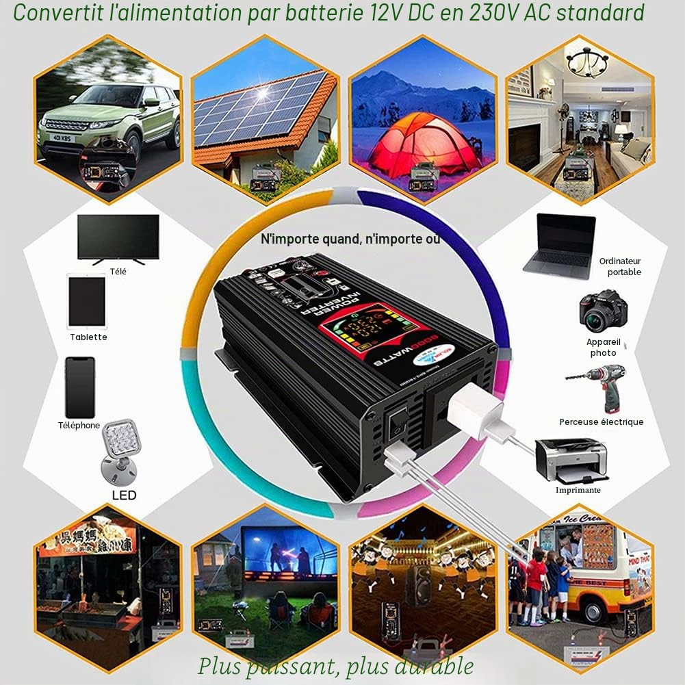 Onduleur 12 V 220 V 6000W Convertisseur de Transformateur avec 2 Ports USB 2,1 A pour Voiture Camion