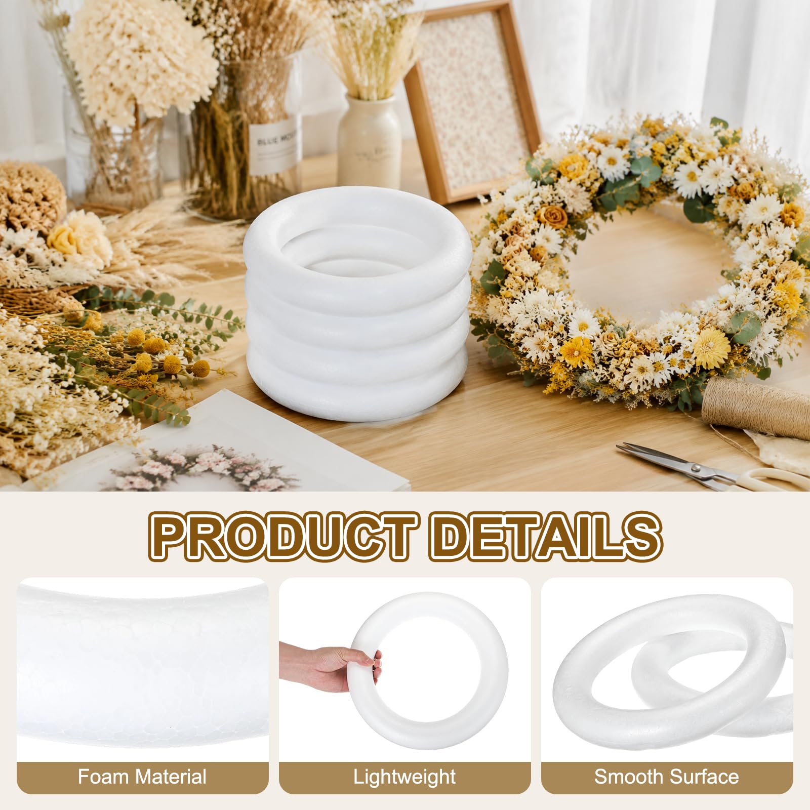 MECCANIXITY Lot de 2 couronnes en mousse Blanc 28 cm / 11.02in | Couronne ronde en mousse légère en polystyrène pour mariage, maison, projets floraux, loisirs créatifs, décoration de Noël
