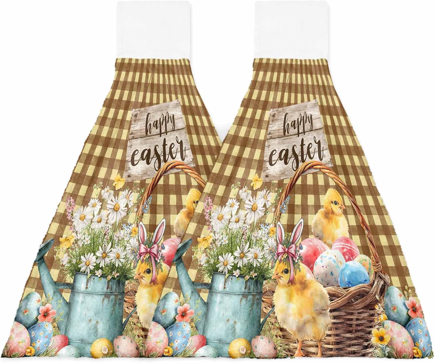 Easter Chicken Eggs Kitchen Hand Towels with Hanging Loops Set of 2 Spring Daisy Flowers Yellow Brown Check Soft Thick Oven Fingertip Dry Microfiber Tie Dish Towel Absorbent Cleaning Washcloth
