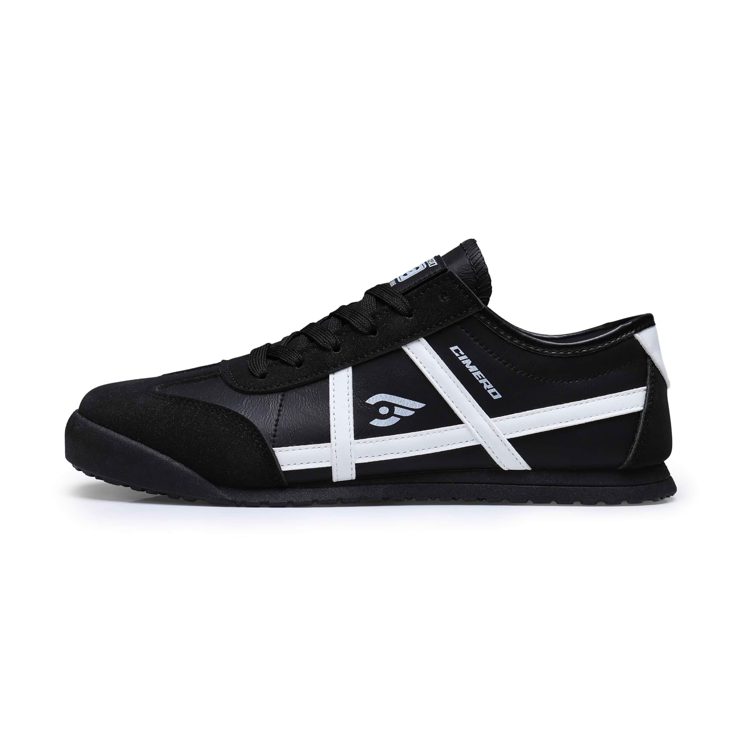 Mens Black White Sneakers, Synthetic Leather Casual Shoes for Men Synthetic leather upper, suede look panels, white side stripes. Lace up retro court trainers for daily wear.