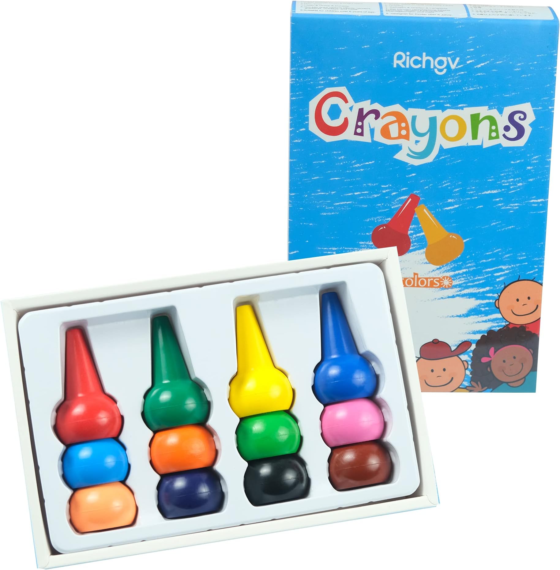 Richgv Finger Crayons for Kids Washable, Non-Toxic 12 Colors Toddler Crayons Stackable Toys for Boys and Girls 3+ years