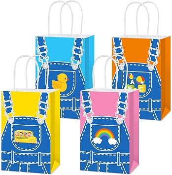 Justforjoyful 12Pcs English Teacher Party Gift Bags Birthday Party Decorations Supplies Cartoon Teacher Fans Treat Bag Rainbow ABC Bus Paper Goodie Bags with Handles for Kids Birthday Classroom Decor