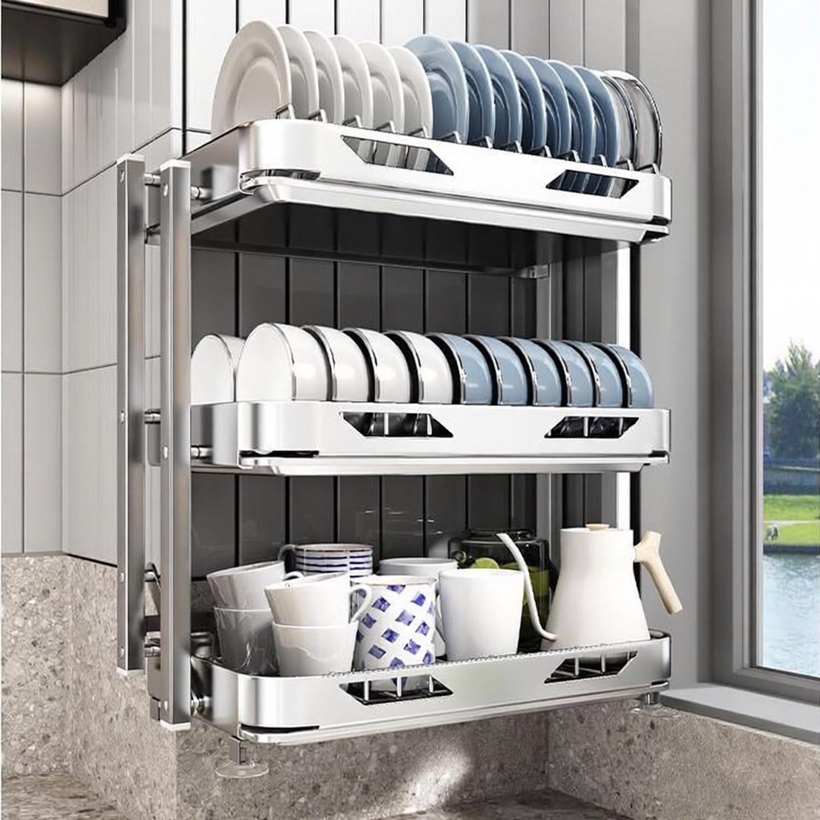 Escurridor de platos de 2 niveles con bandeja de drenaje, organizador de cocina para platos, vasos, cuencos, cubiertos, solución de almacenamiento y organización de pie