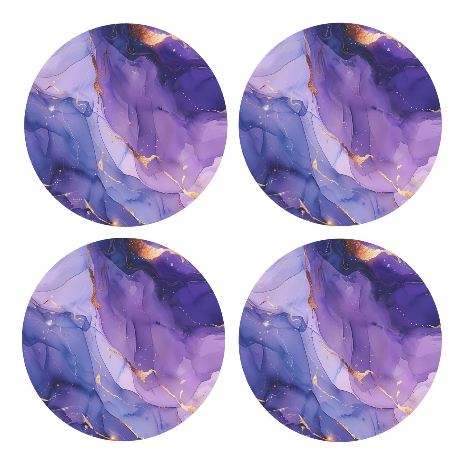 Bedbliss Marble Purple Printed rounded Coasters for Drinks Absorbent, 4 Pack Tea Coffee Wooden Coaster Set, Lightweight and Heat-Resistant Coasters with Cork Base for Protection Home