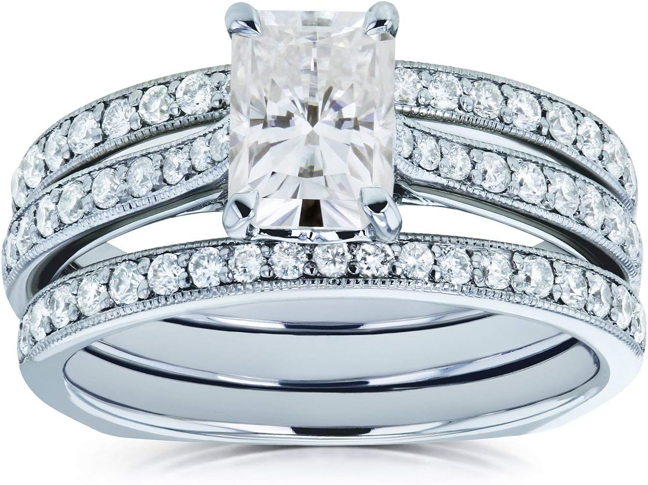 Kobelli Radiant Moissanite Square Shank Trellis 3-Piece Bridal Rings Set 1 4/5 TCW 14k White Gold