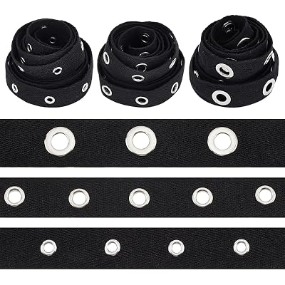 BENECREAT 6 Yards Black Cotton Grommet Eyelet Twill Tape Trim, 3 Sizes Cotton Snap Button Trim Silver Metal Eyelet Ring Ribbon Strip for Sewing Crafts Making, 2 Yards/Size