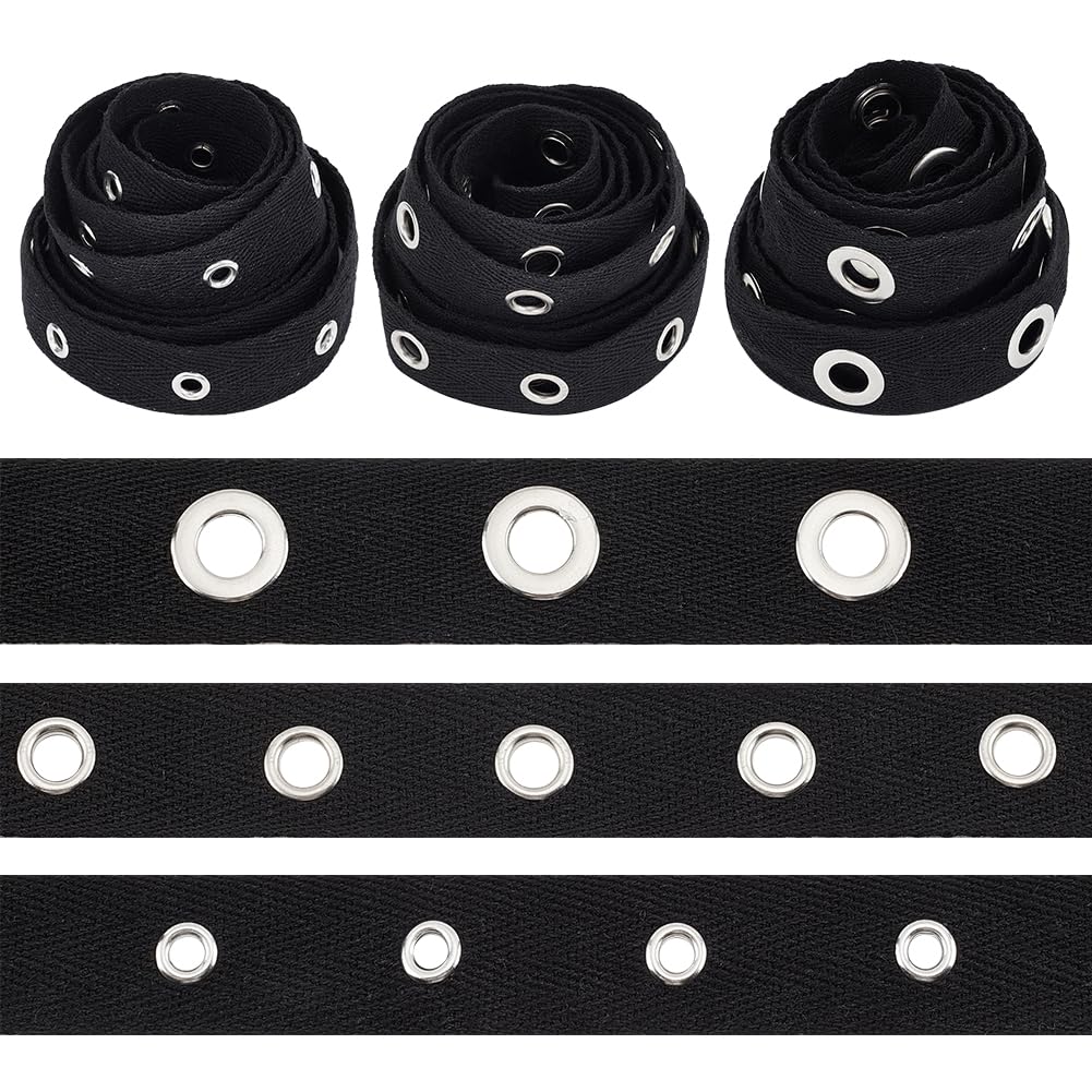 BENECREAT 6 Yards Black Cotton Grommet Eyelet Twill Tape Trim, 3 Sizes Cotton Snap Button Trim Silver Metal Eyelet Ring Ribbon Strip for Sewing Crafts Making, 2 Yards/Size