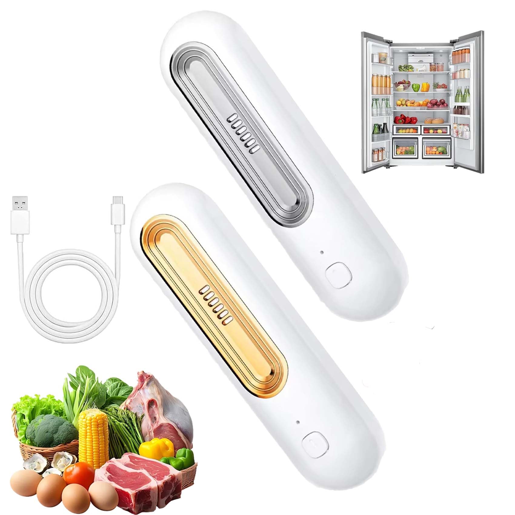 Ozoori KüHlschrank Deodorierer, 2026 Neu 2 Modes Rechargeable Odour Neutraliser, Kompakt, Kabellos, Kein Filterwechsel Erforderlich, Geruchskontrolle FüR FüR KüHlschrank (Gold+Weiß)