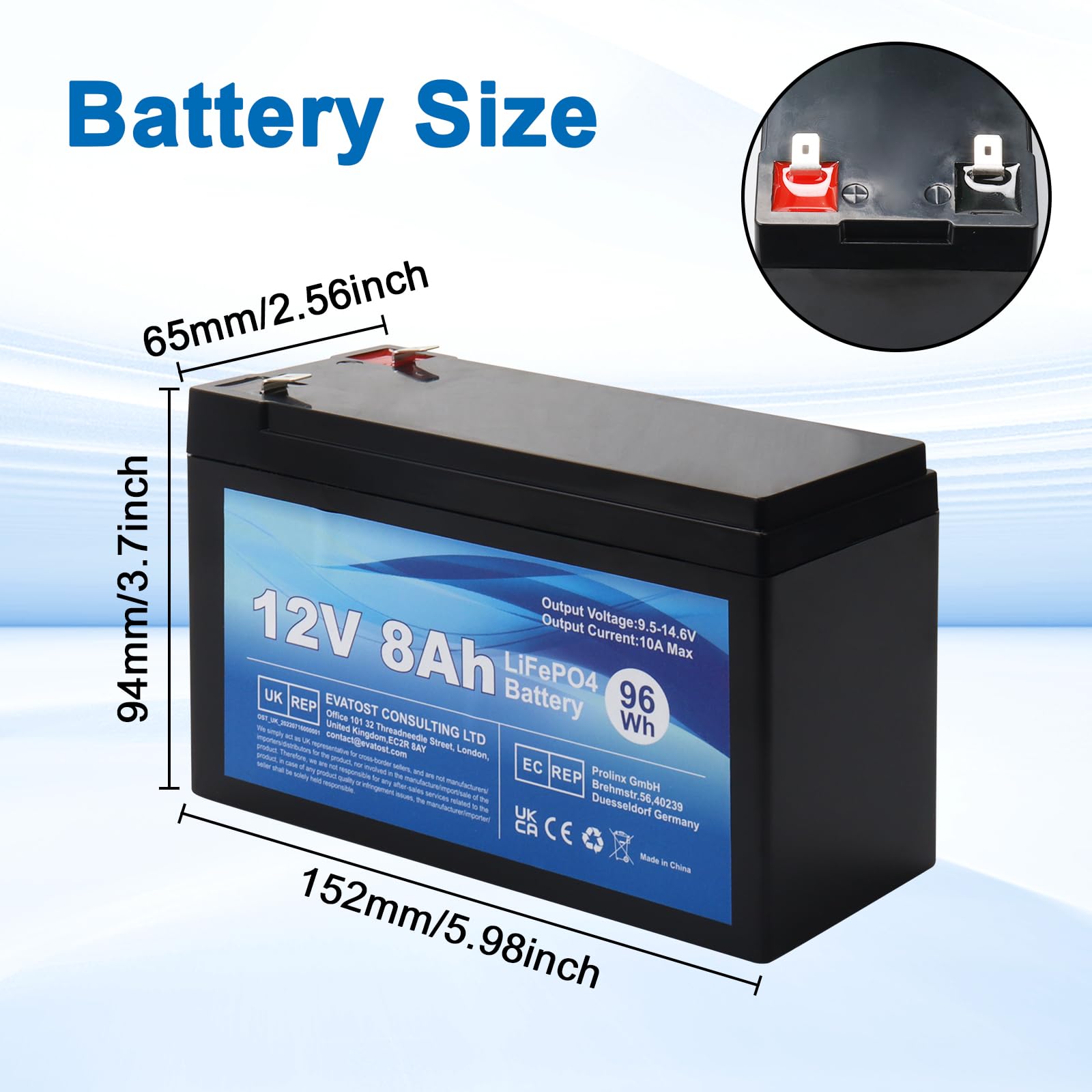 LiFePO4 12V 8Ah Batteria ricaricabile al litio ferro fosfato con BMS per auto per bambini, 4000 cicli profondi per energia solare, sistema di allarme, applicazioni off grid, campeggio