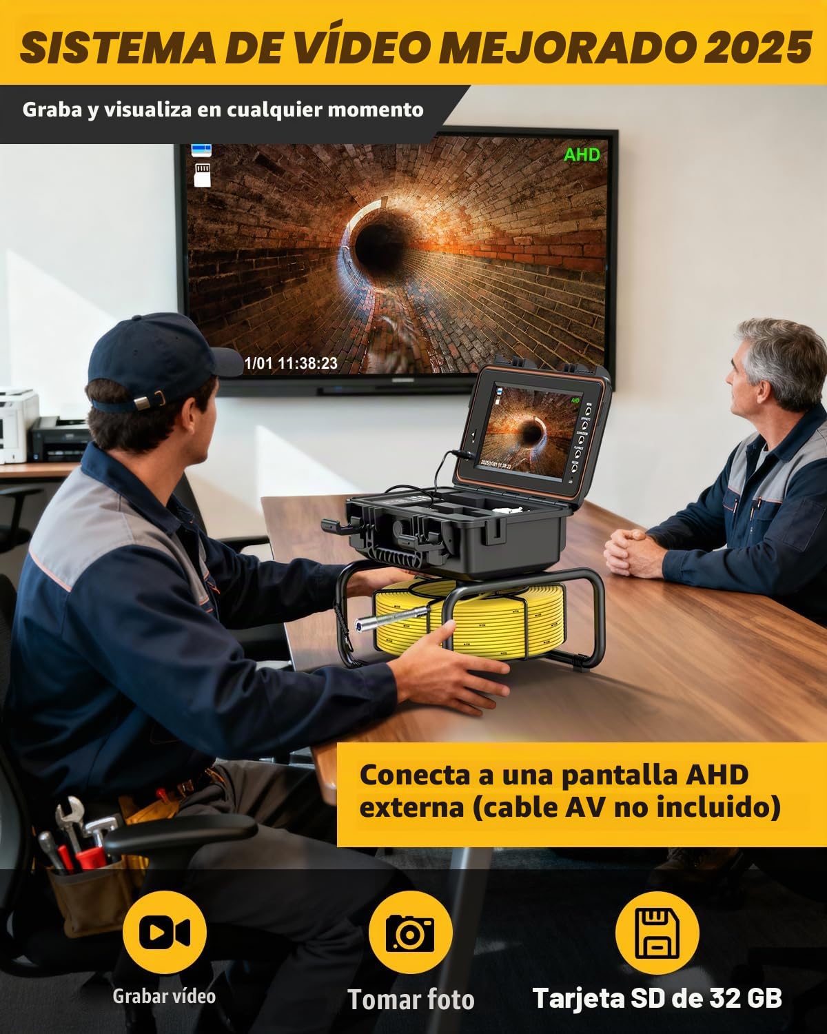 Camara Inspeccion Tuberias 30M con Sonda 512Hz | 1080P HD, Autonivelante, DVR, Cable de 7MM, Impermeable IP68, Adecuada para Alcantarillado, Tuberías, Piscinas y Desagües