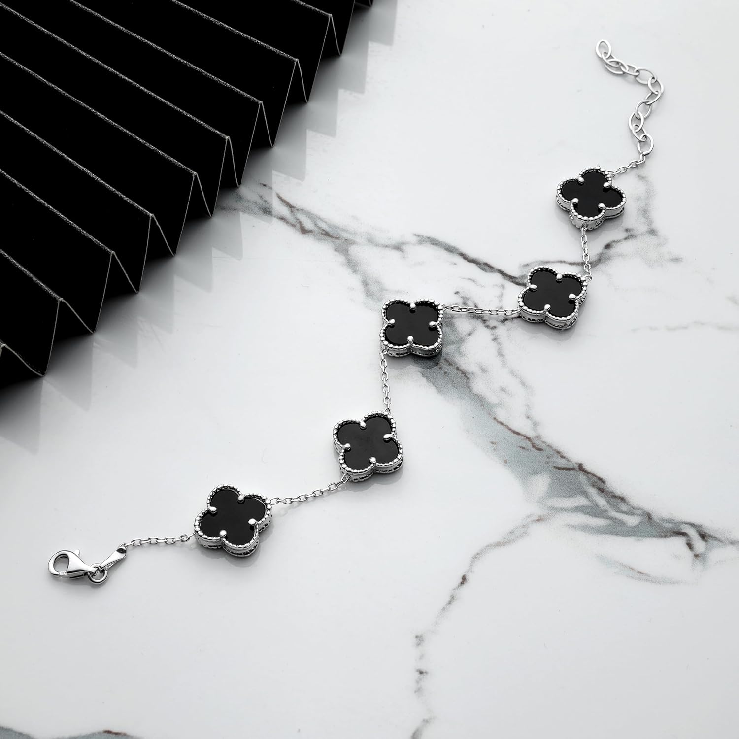 RACA 14K Solid Gold & Silver 5 Pcs Onyx Clover Bracelet for Women, Double Side Stone, Luxury Four Leaf Flower Lucky Chain Bangle, Cute Jewelry Gift for Her Mom Wife, 7 Inches & Extra Extended