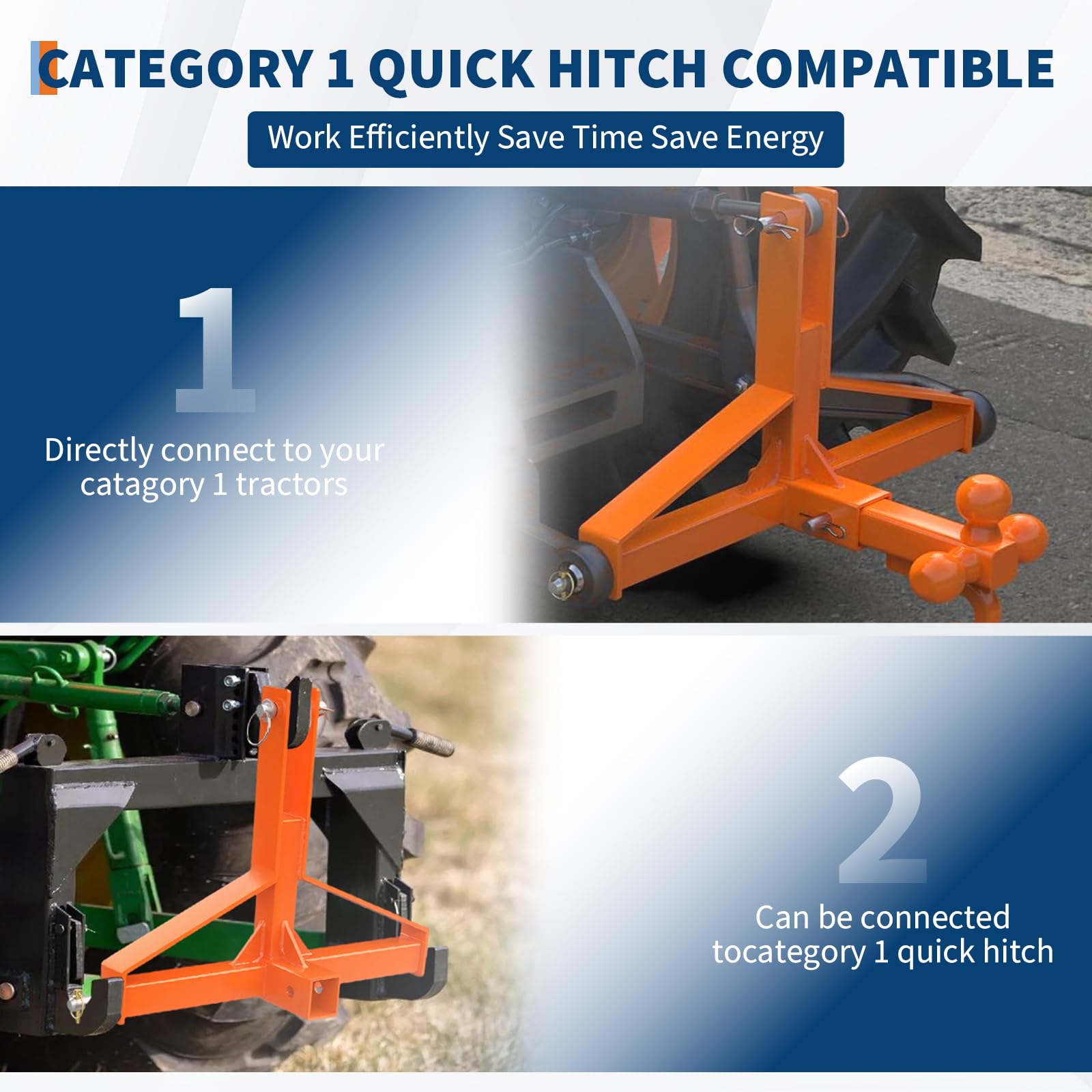 Attelage 3 Points Robuste pour Tracteur – Capacité 4,5T – Acier Carbone – Récepteur 2" et Crochet Boule 4 Directions – Outil Manuel de Jardinage – Compatible Catégorie 1 – Orange, Triangle