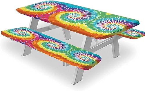Mantel de picnic y funda de banco de 3 piezas diseño psicodélico de color espiral digital para interiores y exteriores fiestas uso en patio cubierta