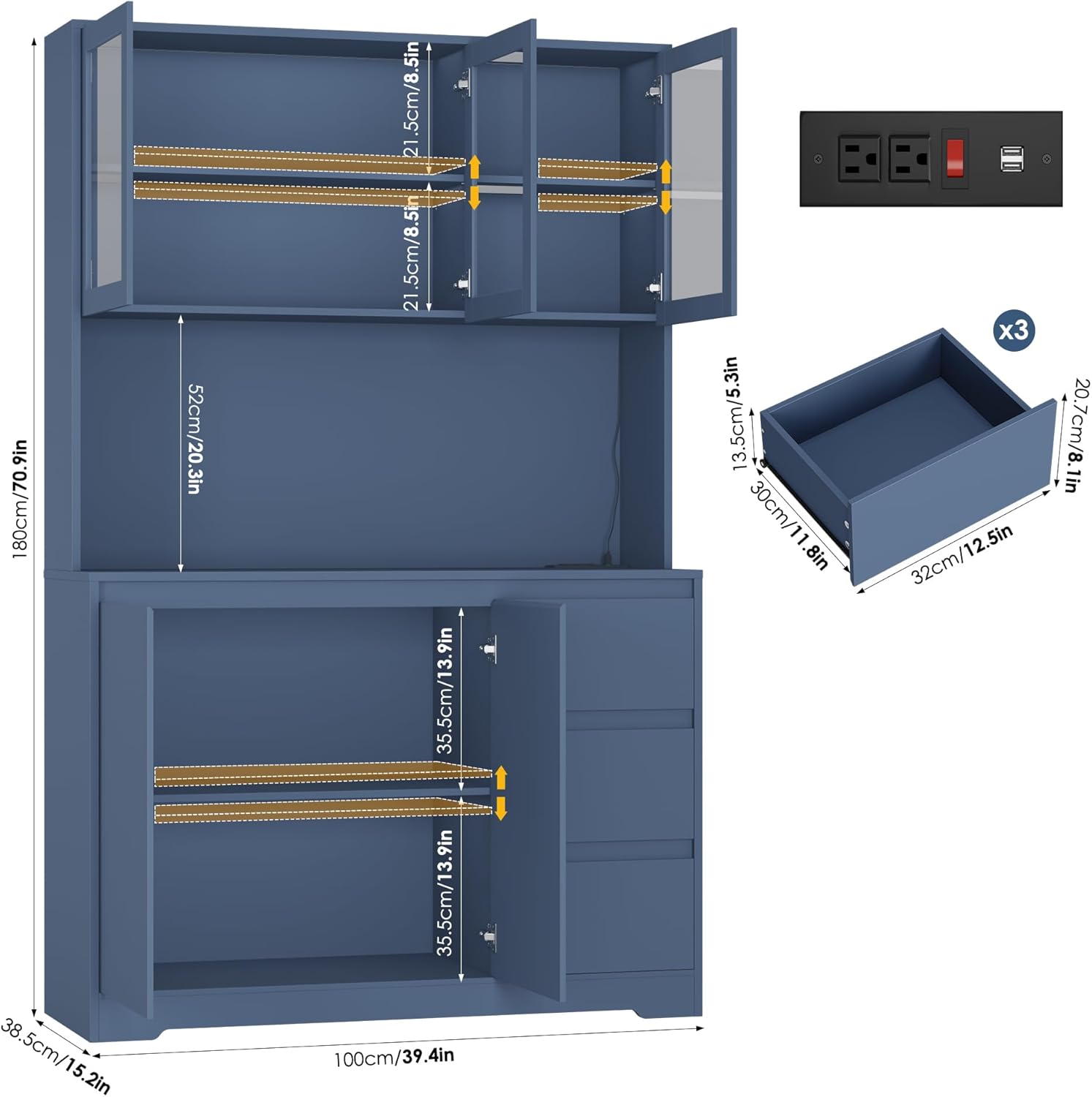 FINETONES 71" Kitchen Pantry Cabinet with LED Lights and Charging Station, Modern Kitchen Hutch Cabinets with Storage and Microwave Stand, Pantry Cabinet Buffet with Countertop, Blue