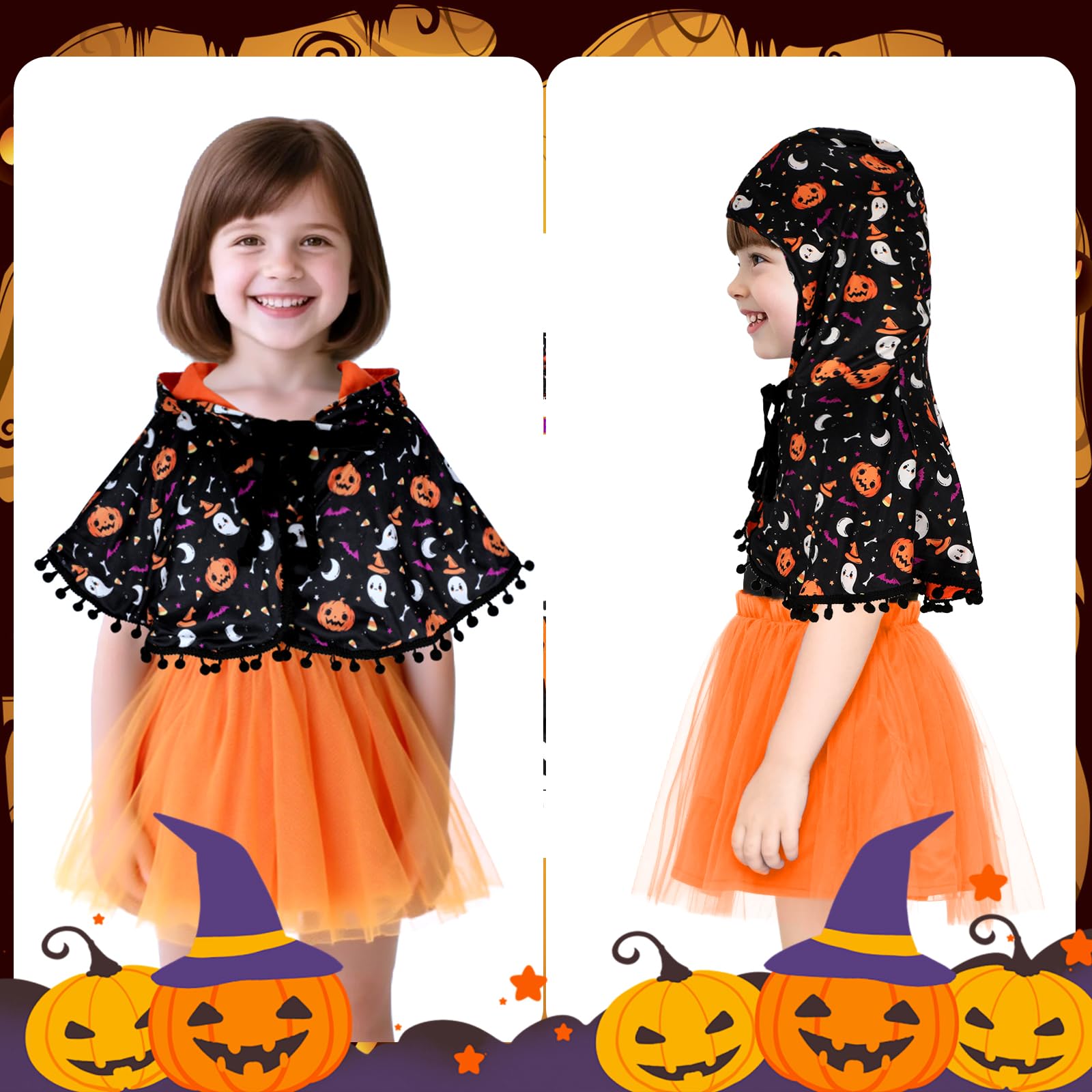 TAGVO Costume da Strega Halloween per Bambina, Ragazze Principessa Vestito Strega Viola Poncho Cappuccio Capo Paillettes Tulle Abiti serbatoio per bambini Halloween fantasia vestire per 1-6 anni